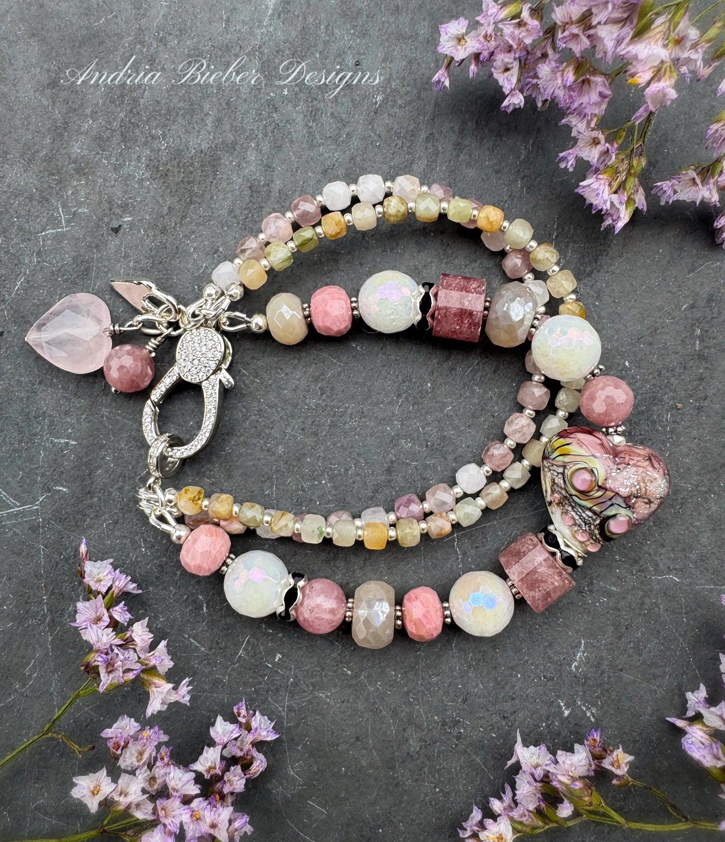 Heart lampwork bead-Blushing Pink Stardust Heart