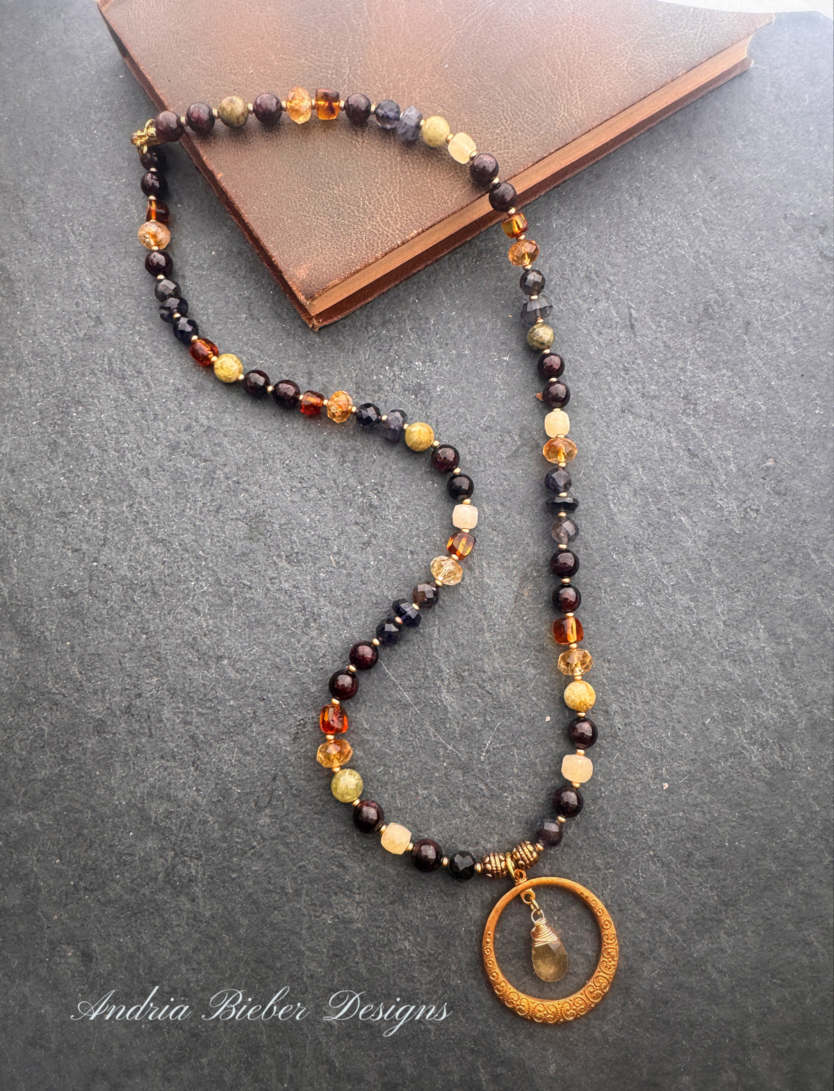 Garnet, green garnet, ioilite, citrine, amber, brass metal, necklace. Fall jewelry.