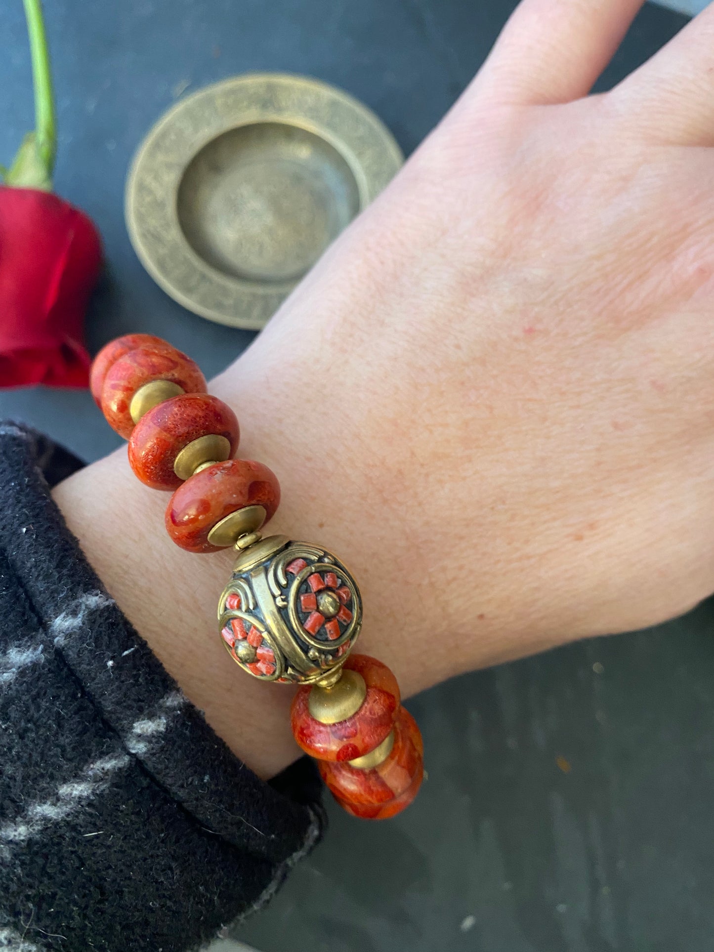 Red sponge coral, nepal flower coral bead, Indonesian glass, African brass, bracelet