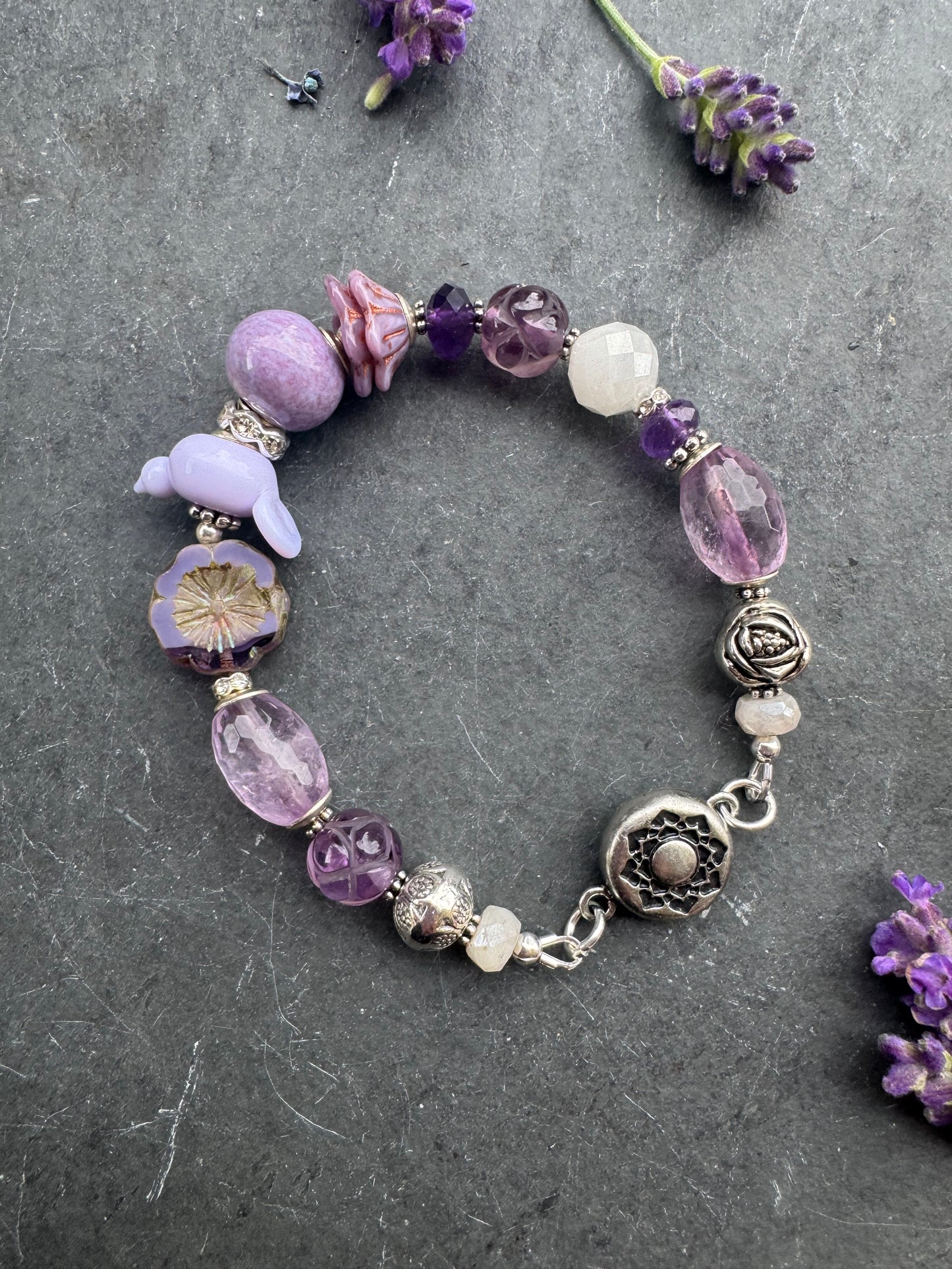Amethyst stone, moonstone m, lampwork glass bird, magnet, clasp,silver metal, bracelet