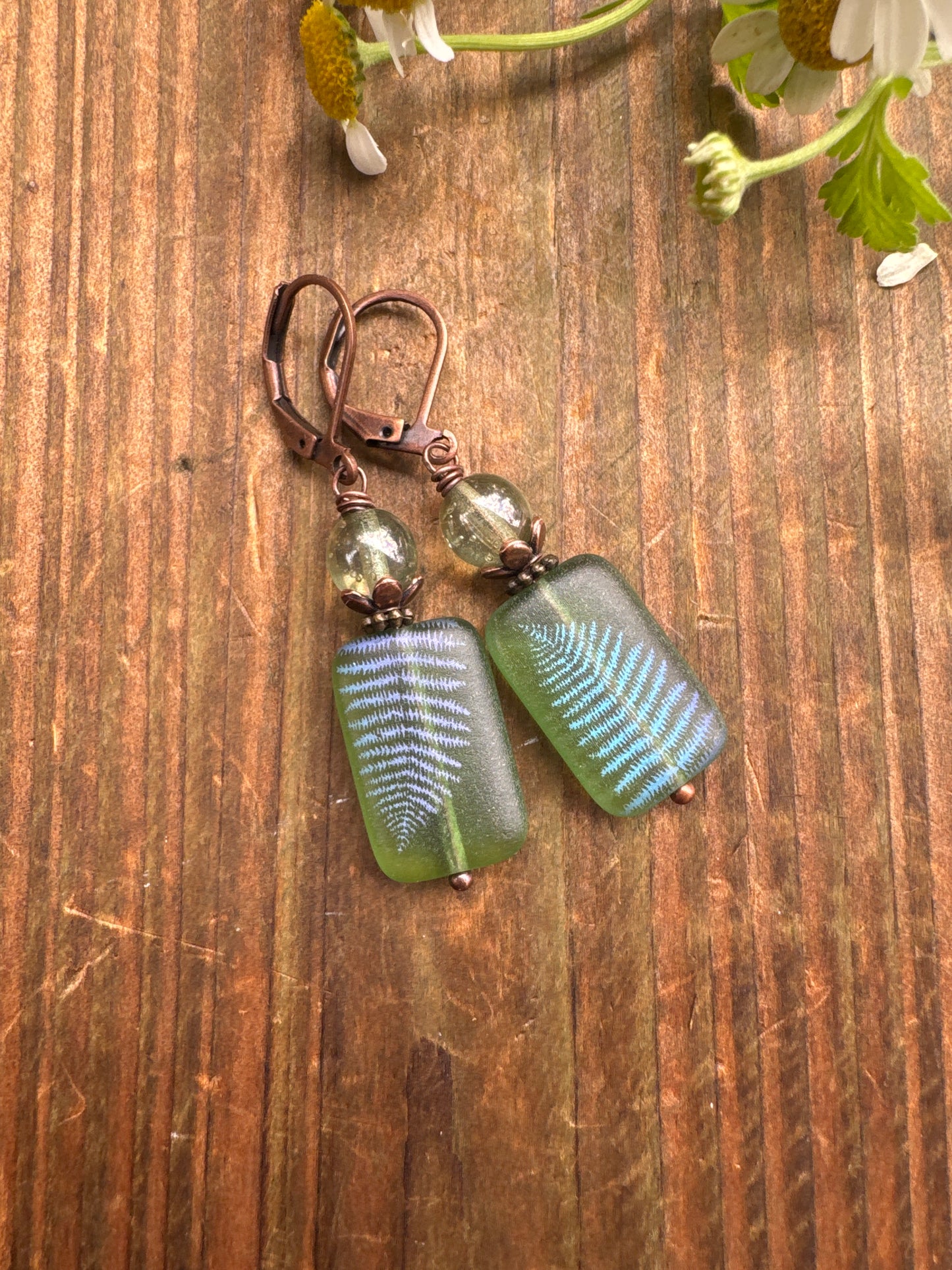 Fern Czech glass, copper metal, earrings