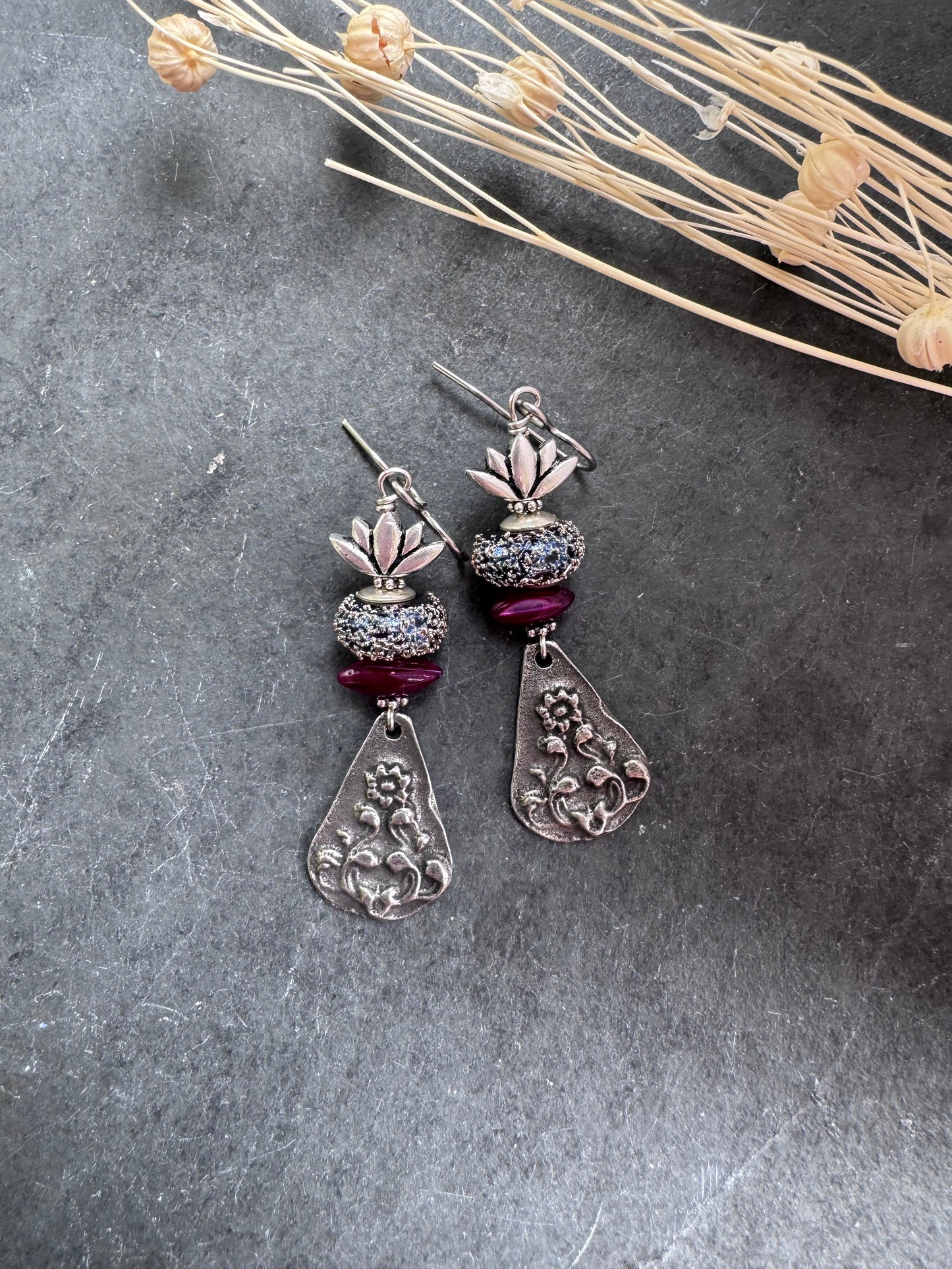 Handmade lampwork glass, silver pewter flower charm, shell, earrings