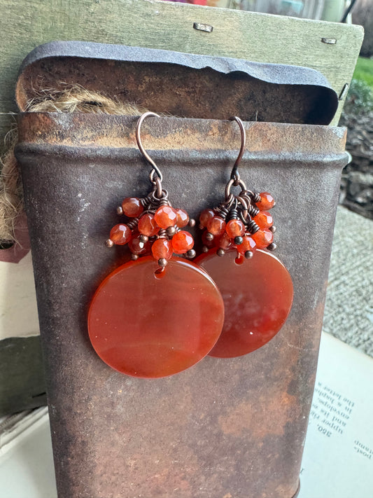 Carnelian agate stone, orange, copper metal, earrings