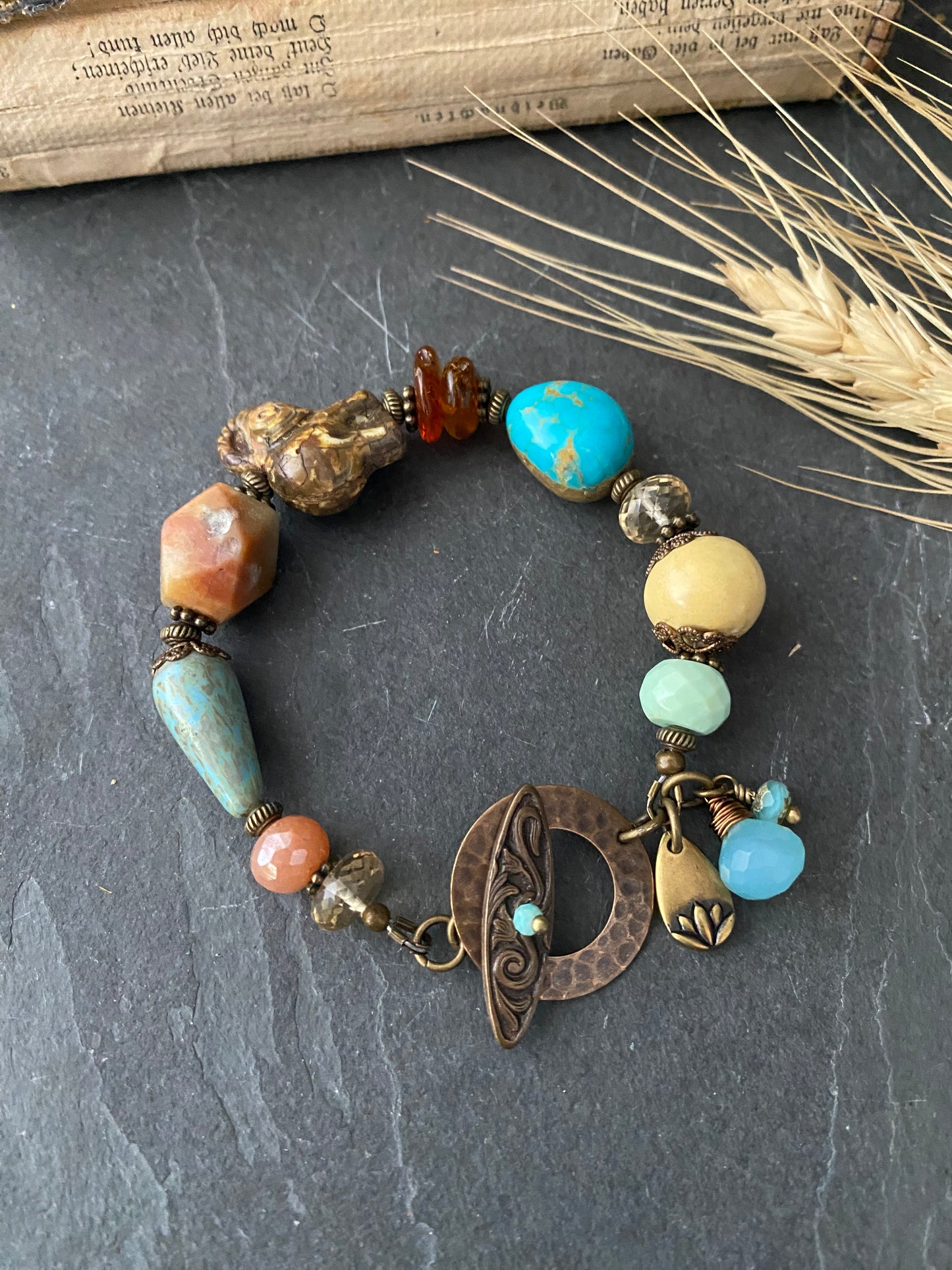 Turquoise, amber, citrine, ceramic, elephant czech glass, bronze metal, bracelet, jewelry