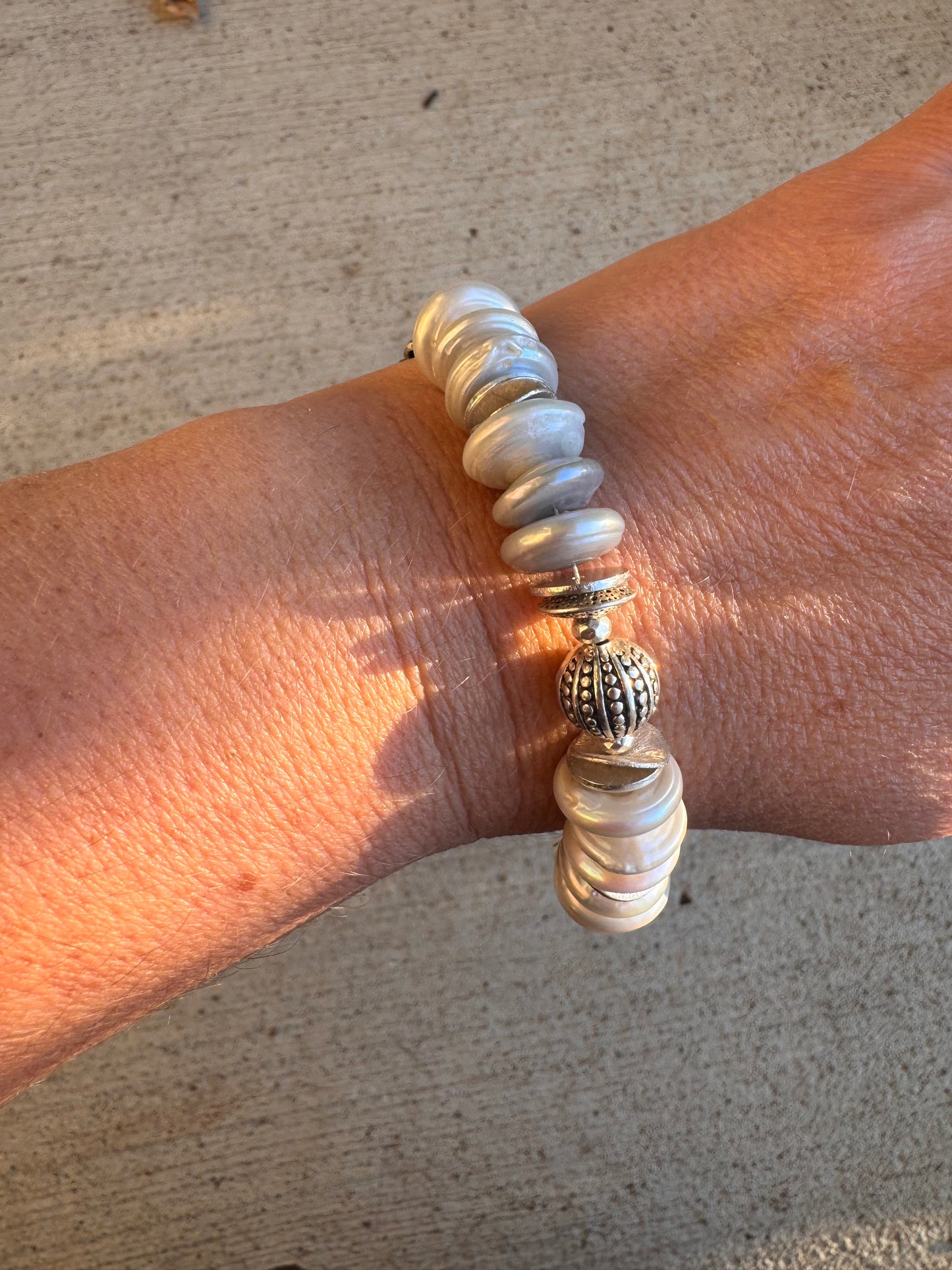 white Pearls, silver chain, rhinestone, bracelet