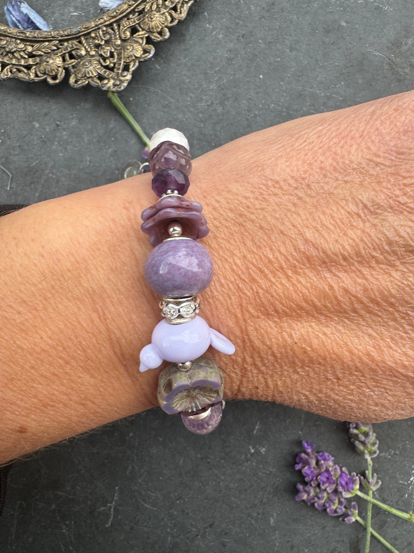 Amethyst stone, moonstone m, lampwork glass bird, magnet, clasp,silver metal, bracelet