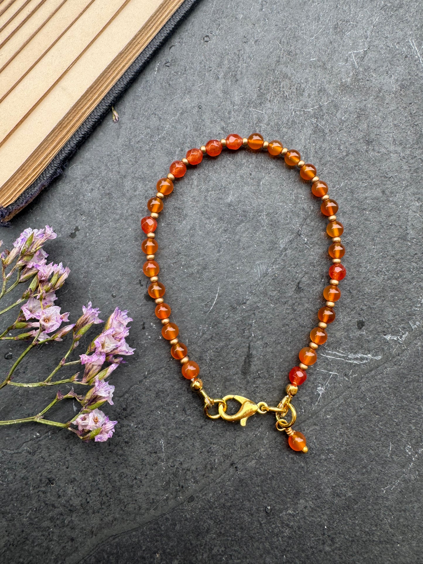 Carnelian agate round stone, gold metal, bracelet