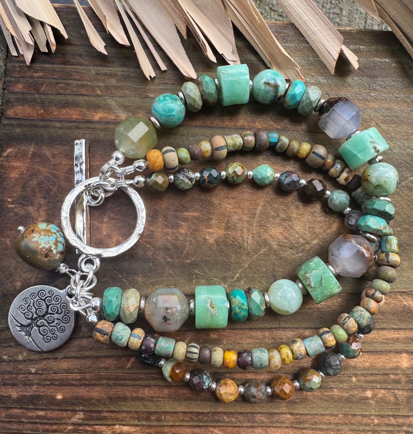 Turquoise, chrysoprase stone, Czech glass, silver, bracelet