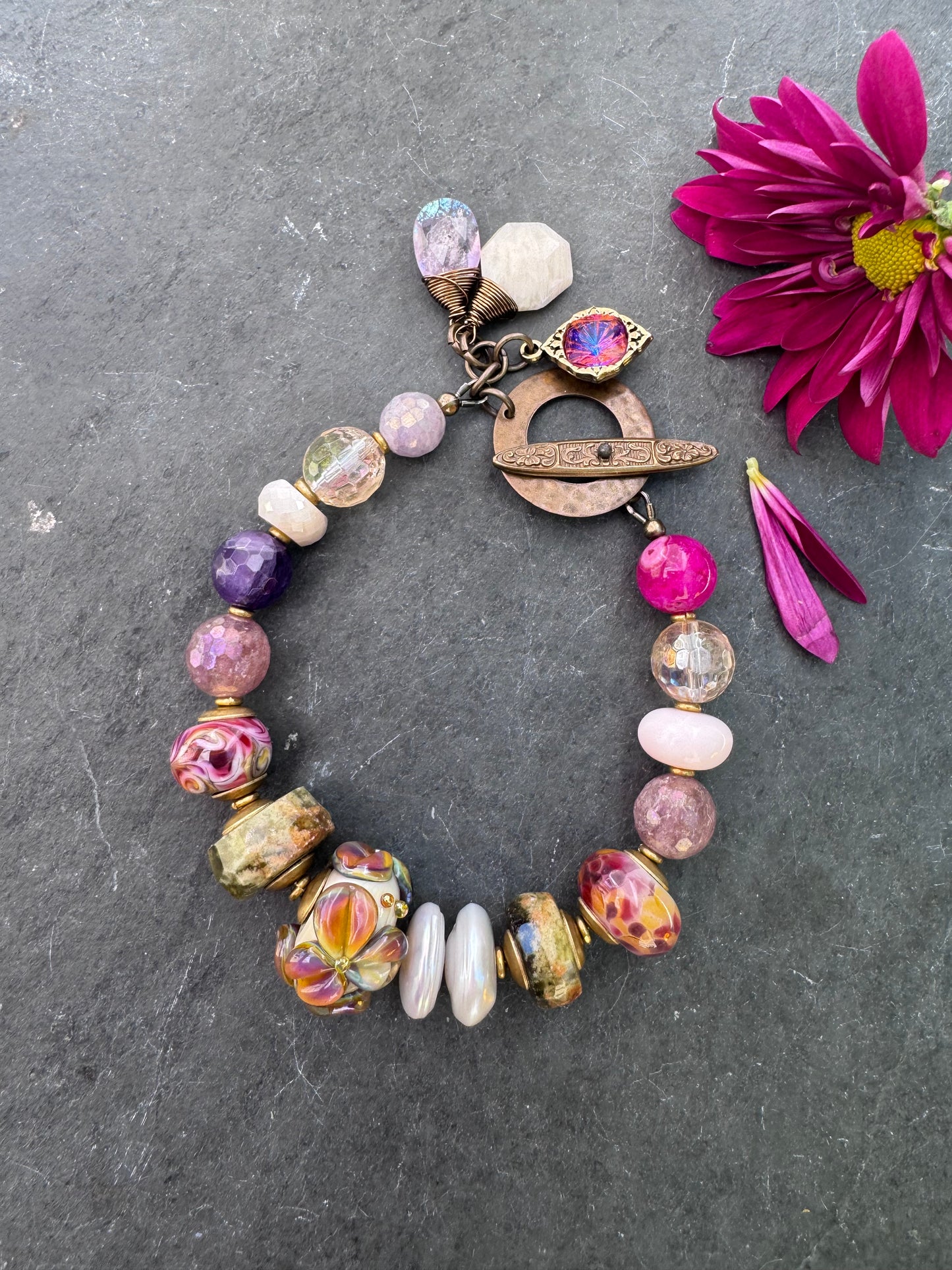 Sunset. lampwork glass, green garnet, amethyst, citrine, strawberry quartz, moonstone, pink opal, pearls, bracelet.