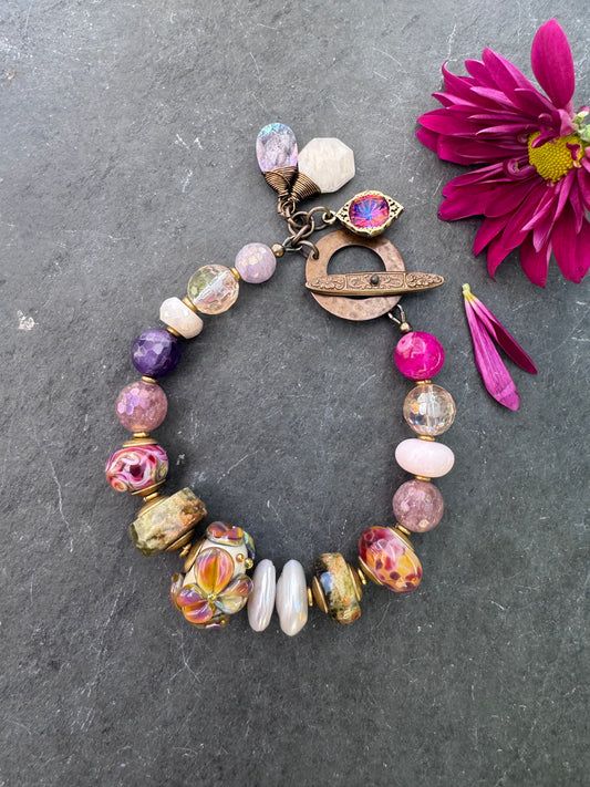 Sunset. lampwork glass, green garnet, amethyst, citrine, strawberry quartz, moonstone, pink opal, pearls, bracelet.