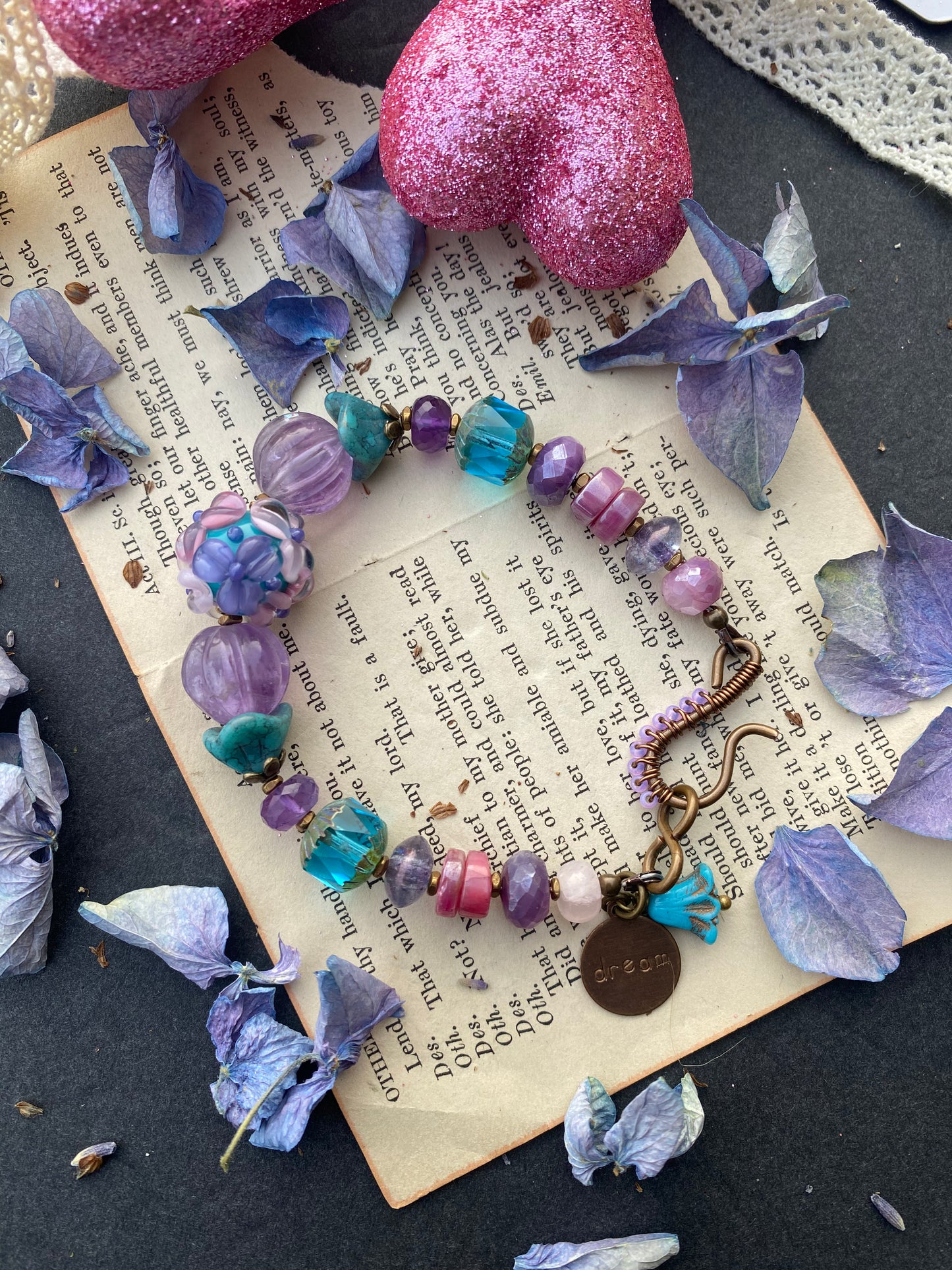 Lampwork glass flowers bead, amethyst gemstone, pink moonstone, purple moonstone, czech glass, bronze metal, bracelet