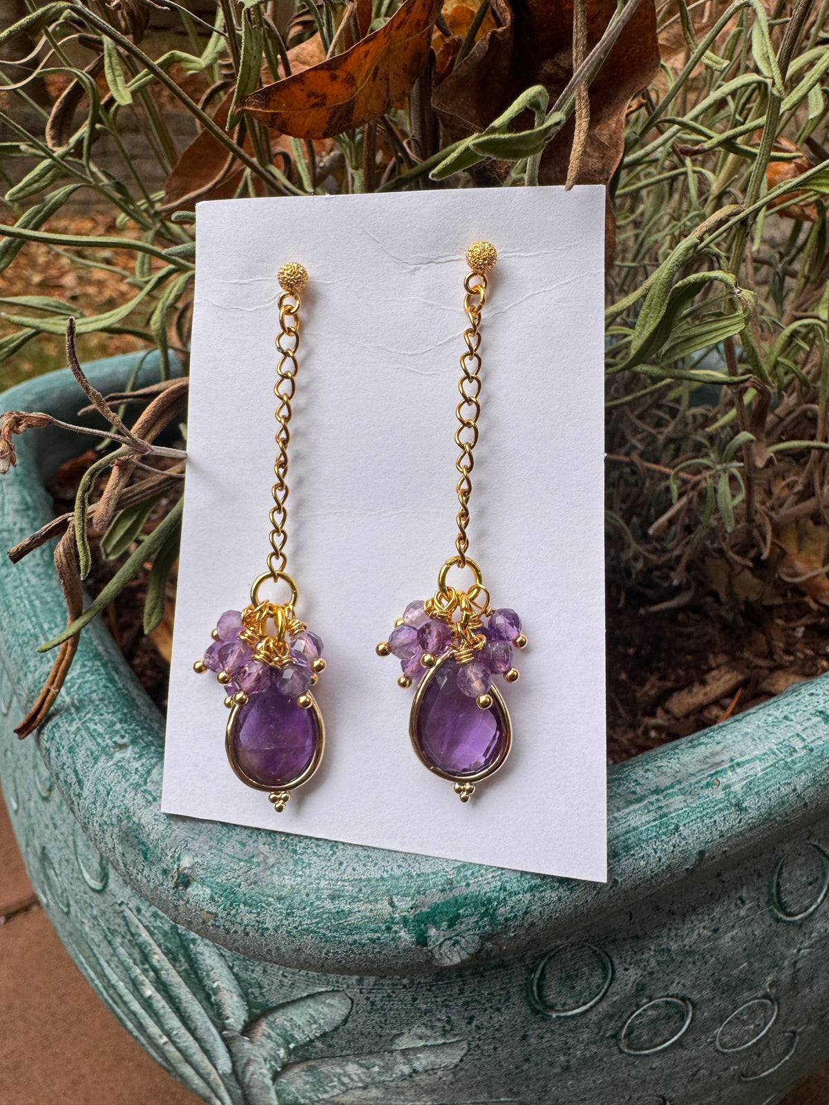 Amethyst stone, gold metal, drop earrings