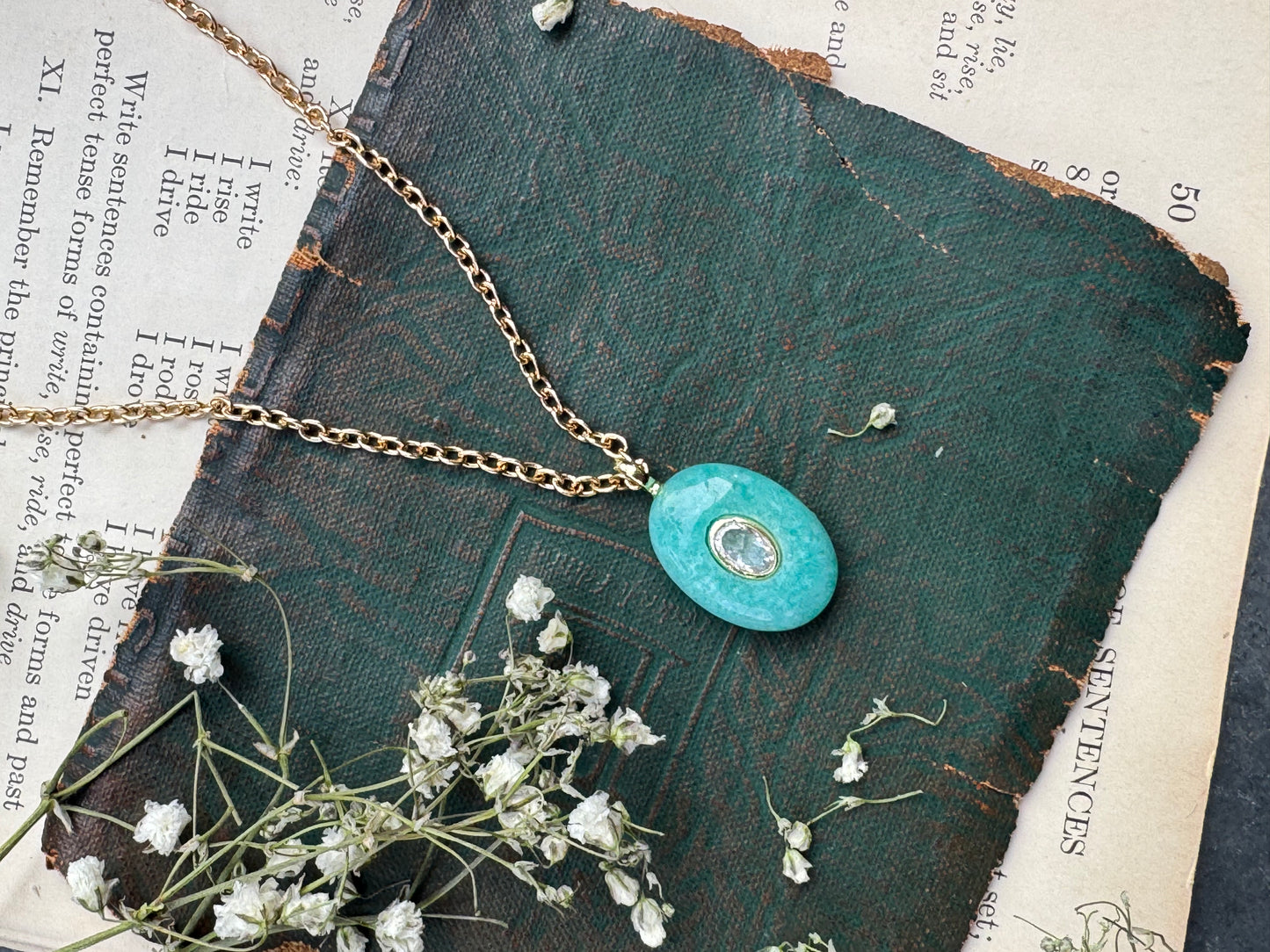 Amazonite, crystal, gold metal, drop necklace and earrings set