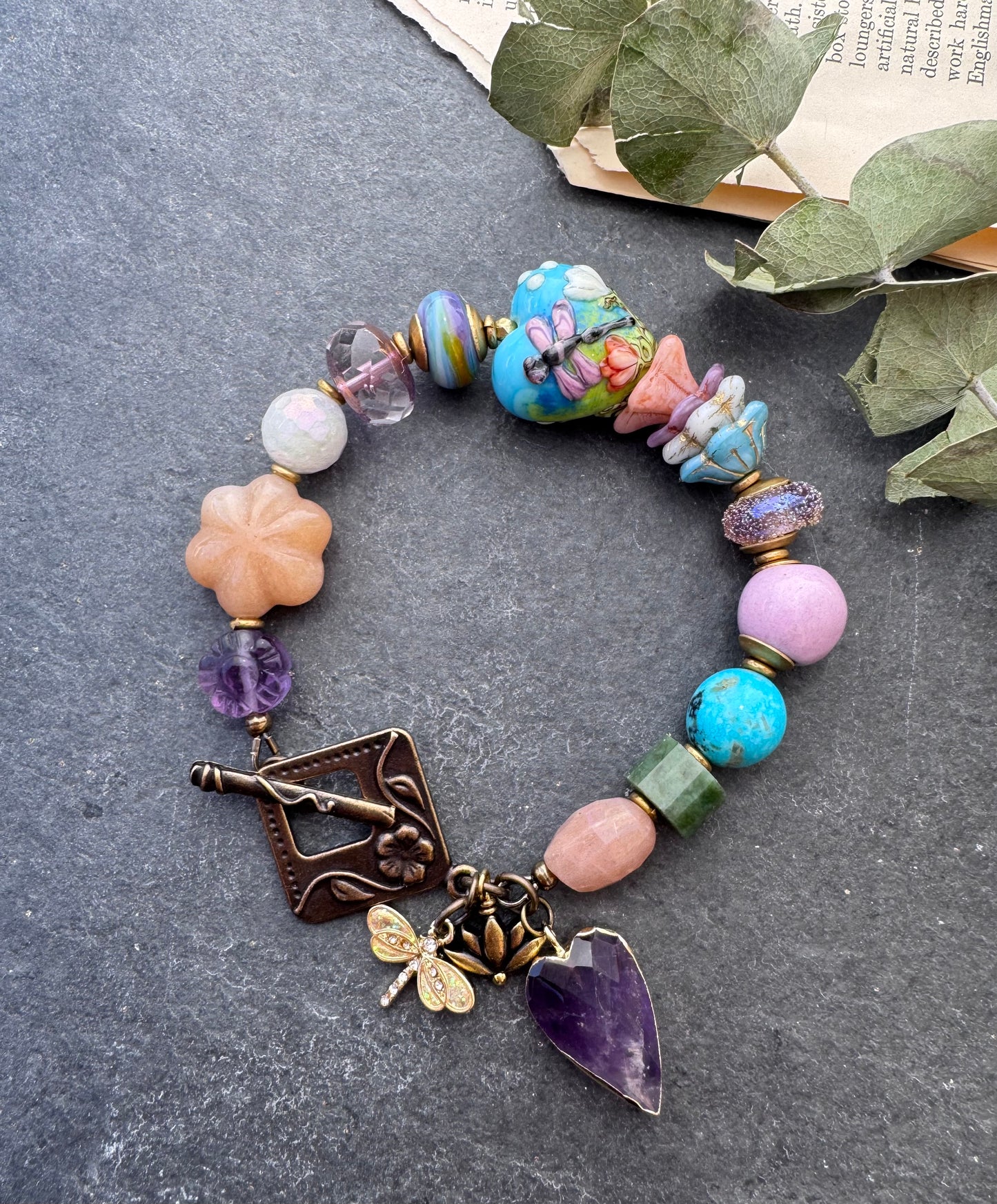 Turquoise, handmade lampwork glass, ceramic, fluorite, peach moonstone, Czech glass, bracelet