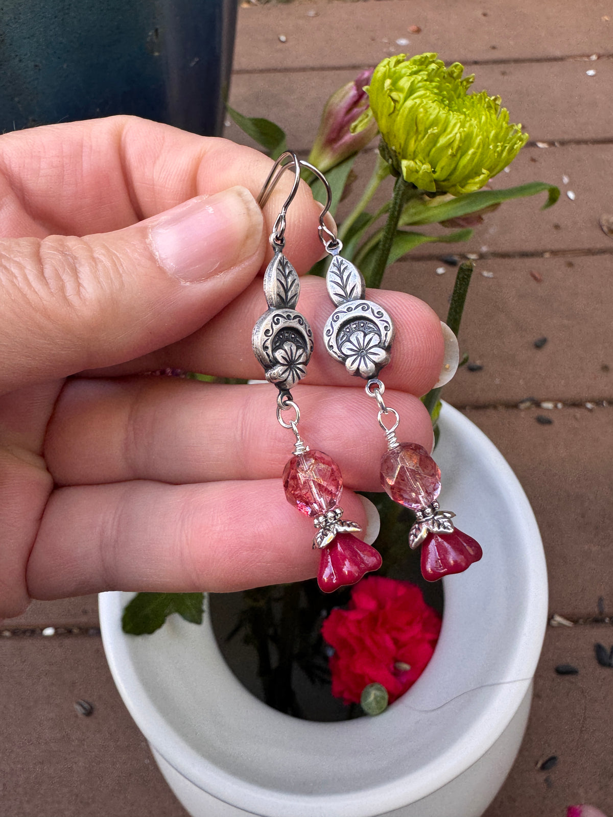 Pink Czech glass, silver filigree drop, earrings.