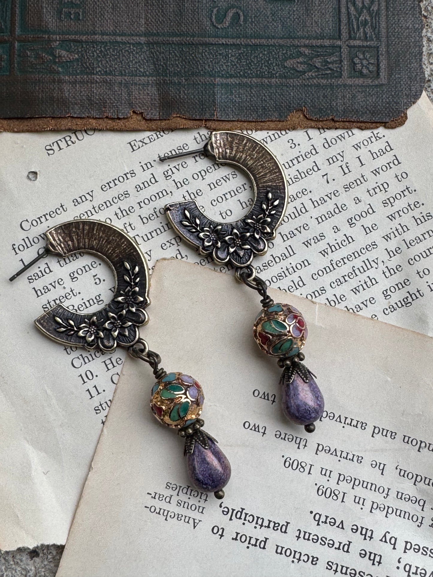Brass flower charms, Cloisonné beads, purple Czech glass, earrings