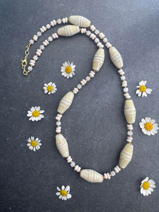 African glass, Java glass, moonstone, African brass necklace