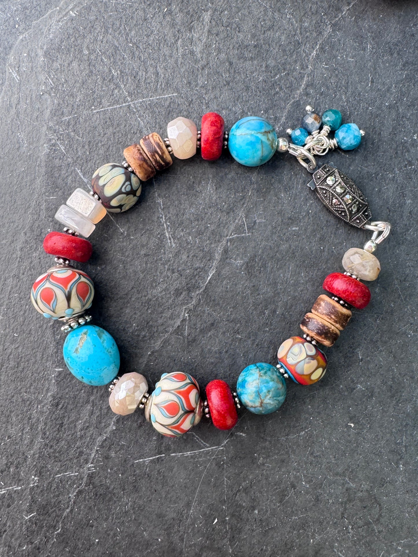 Kingman turquoise, coral, handmade lampwork glass, moonstone, silver metal, bracelet