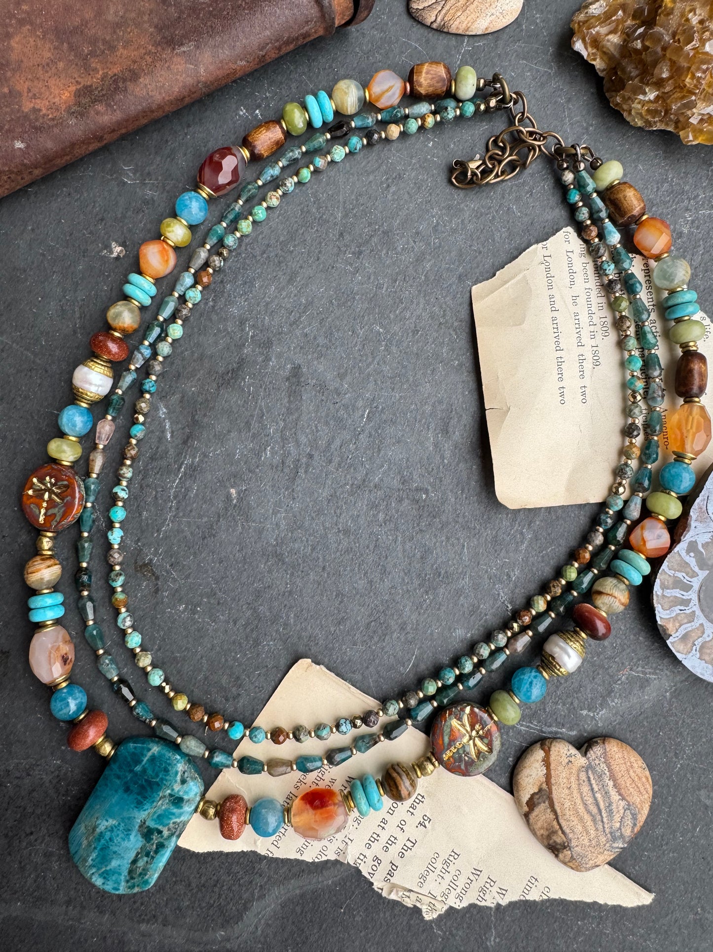 Apatite, Carnelian agate, Sunstone, turquoise, olivine, Aquatine Lemurian Blue Calcite, Czech glass, pearls, hematite, wood, African brass, necklace, jewelry