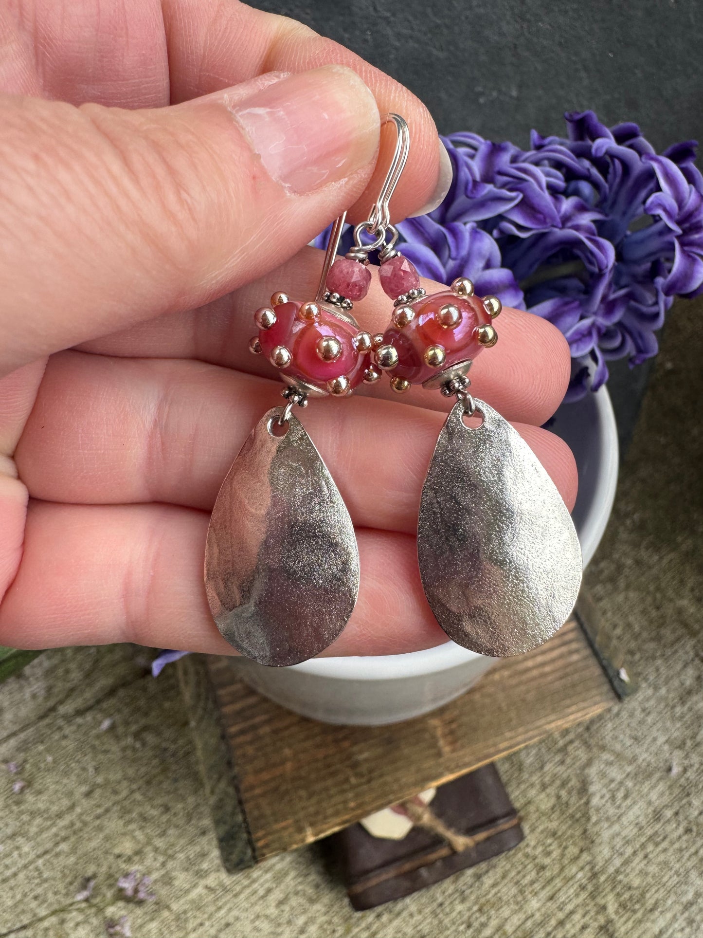 Handmade lampwork glass, silver charm, earrings