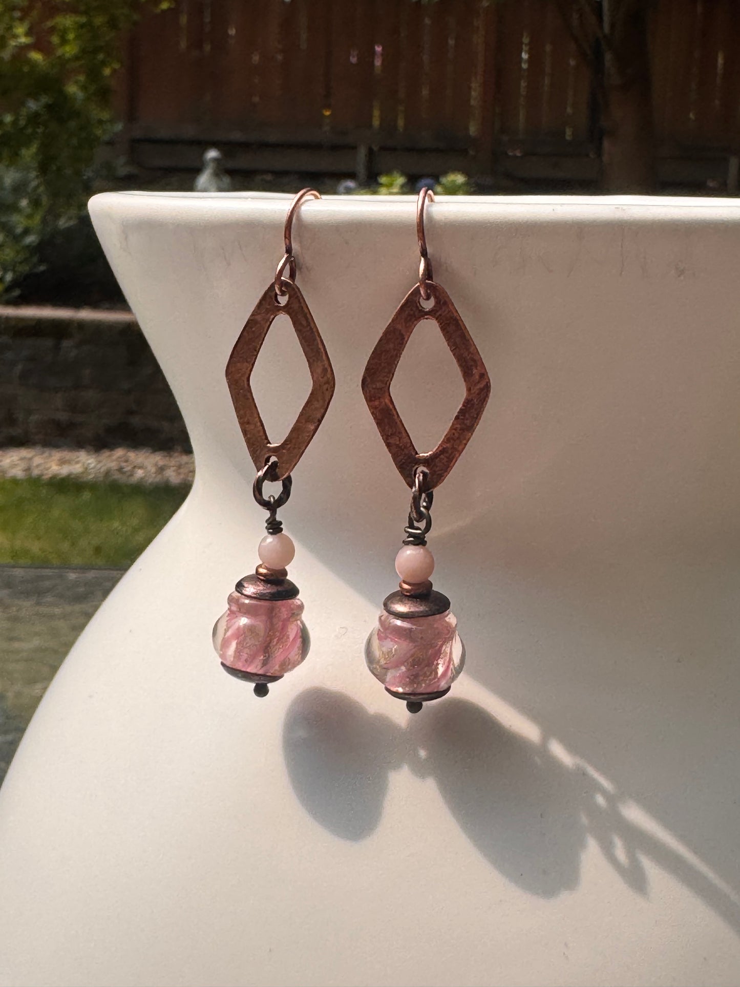 Pink lampwork glass, copper metal, earrings