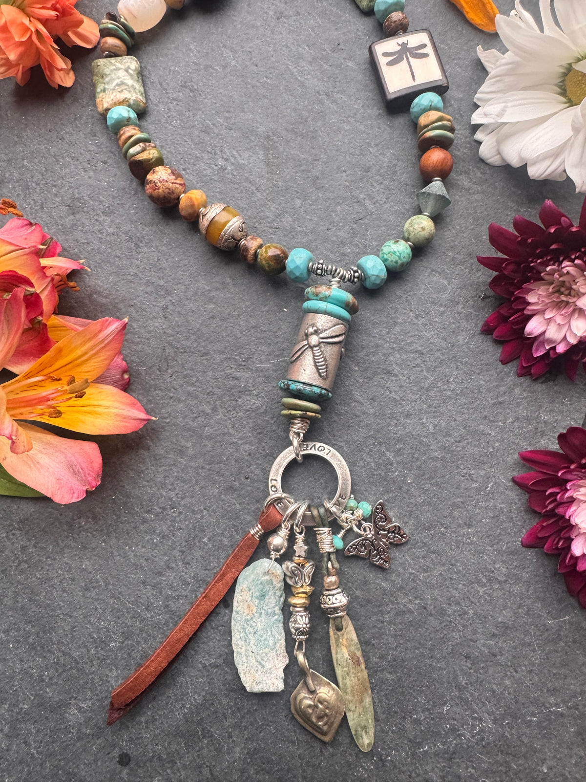 Hubei Turquoise, mixed gemstone, dragonfly, silver metal, necklace.