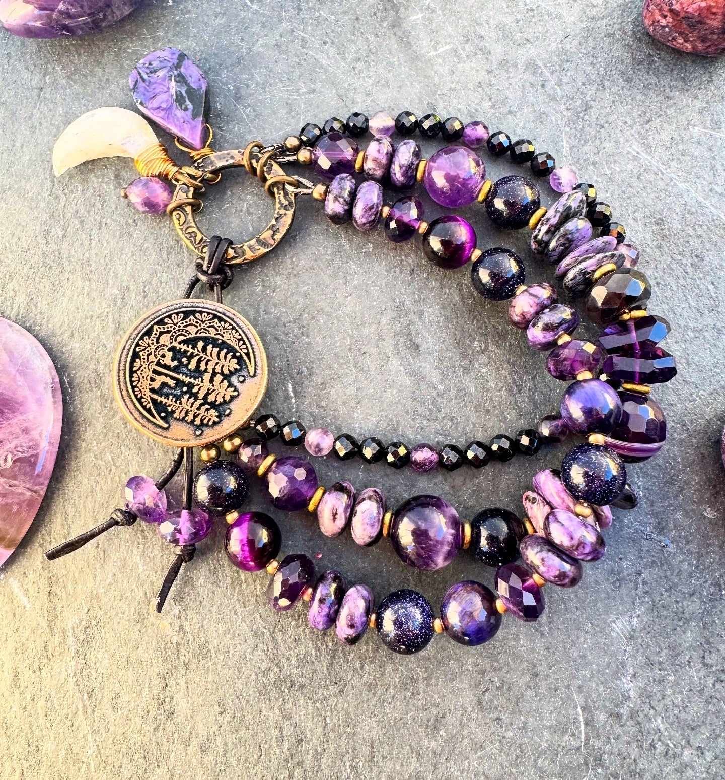 Moon and trees bronze button, amethyst, Onyx, purple goldstone, Charoite and purple tigers eye, Moonstone, bracelet