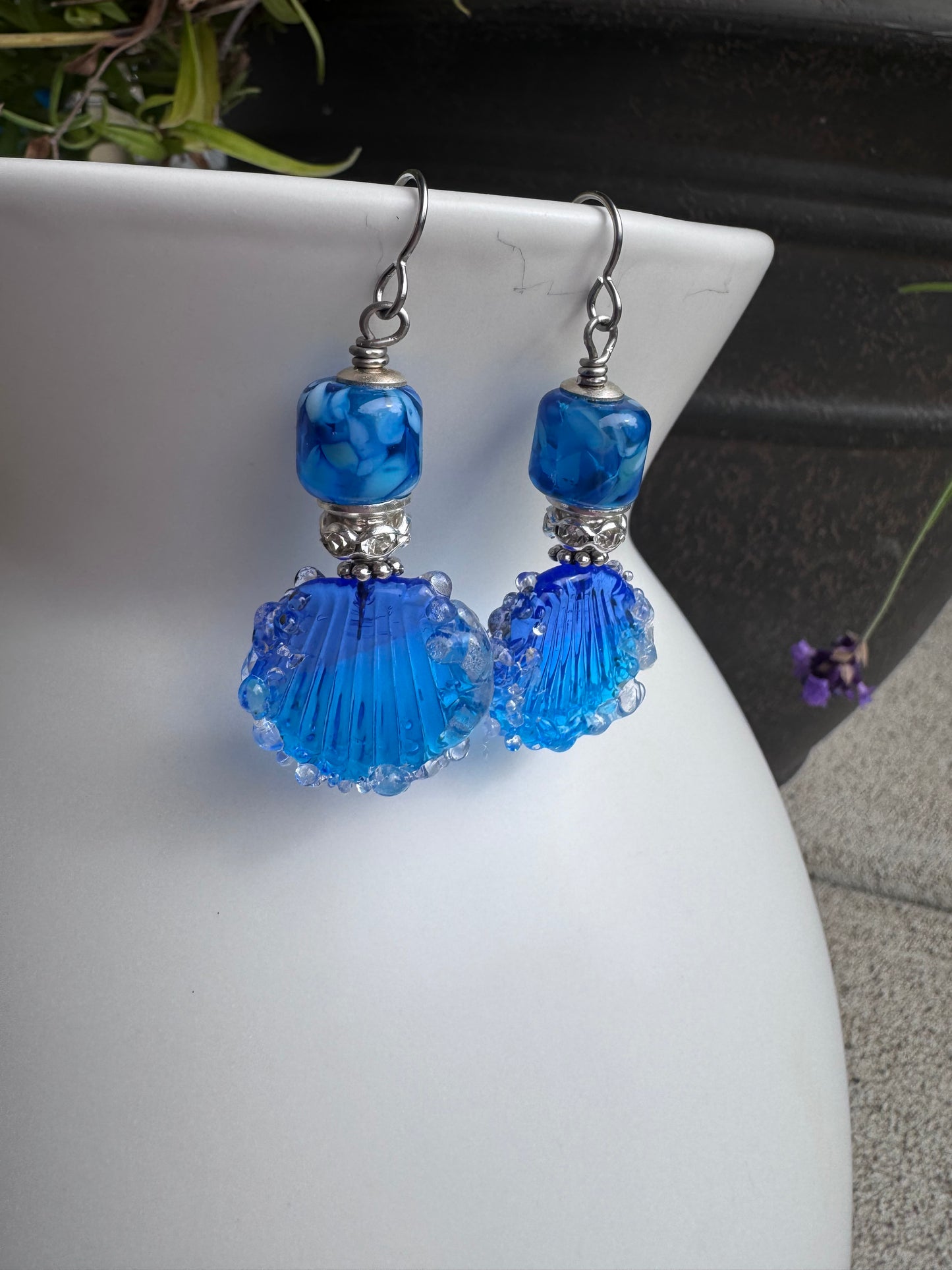 Shell, ocean, design, blue Handmade lampwork glass, earrings