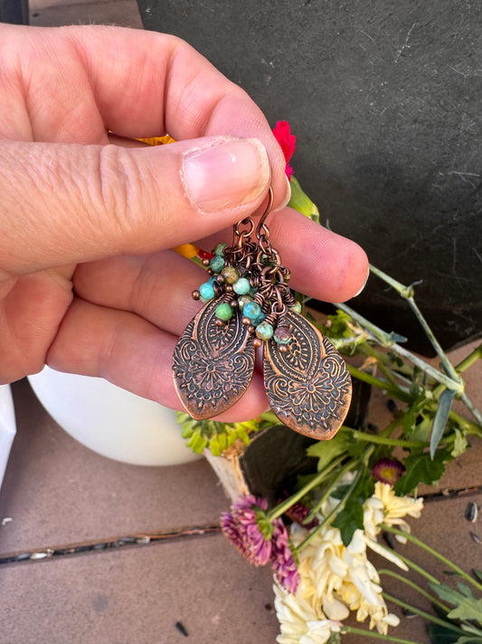 Hubei Turquoise faceted stones, handmade copper metal leaf charms, copper metal earrings