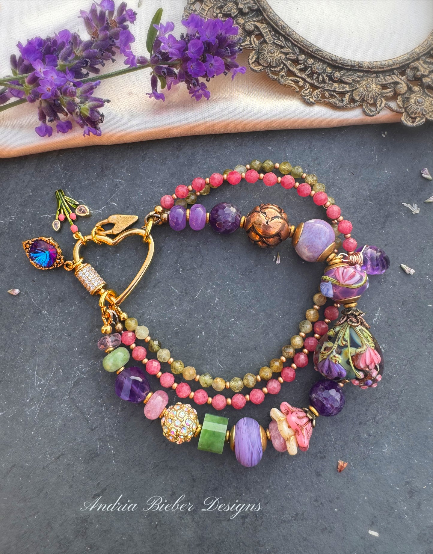 Heart lampwork glass, peridot, rhodochrosite, amethyst, jade, african opal, Czech glass, ceramic bead, rhinestone heart clasp.