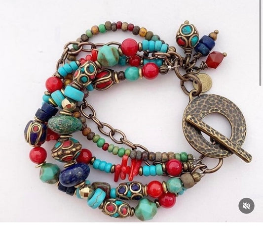 Nepal beads, Czech glass, chain, agate, turquoise, lapis lazuli, bracelet.