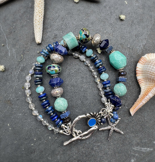 handmade lampwork glass, lapis, Amazonite, labradorite, sodalite, dumortierite stone with silver metal.