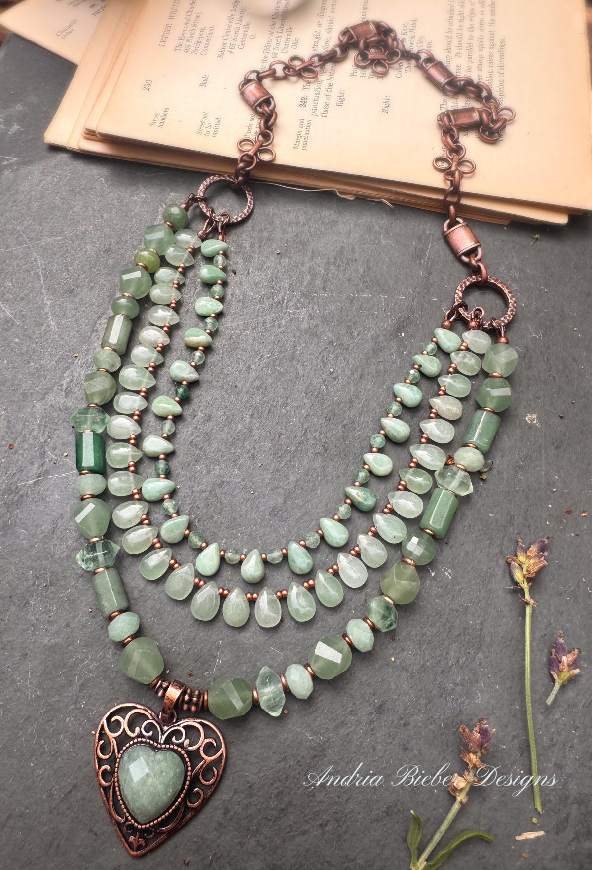 Green aventurine stone, green fluorite stone, and copper metal, necklace
