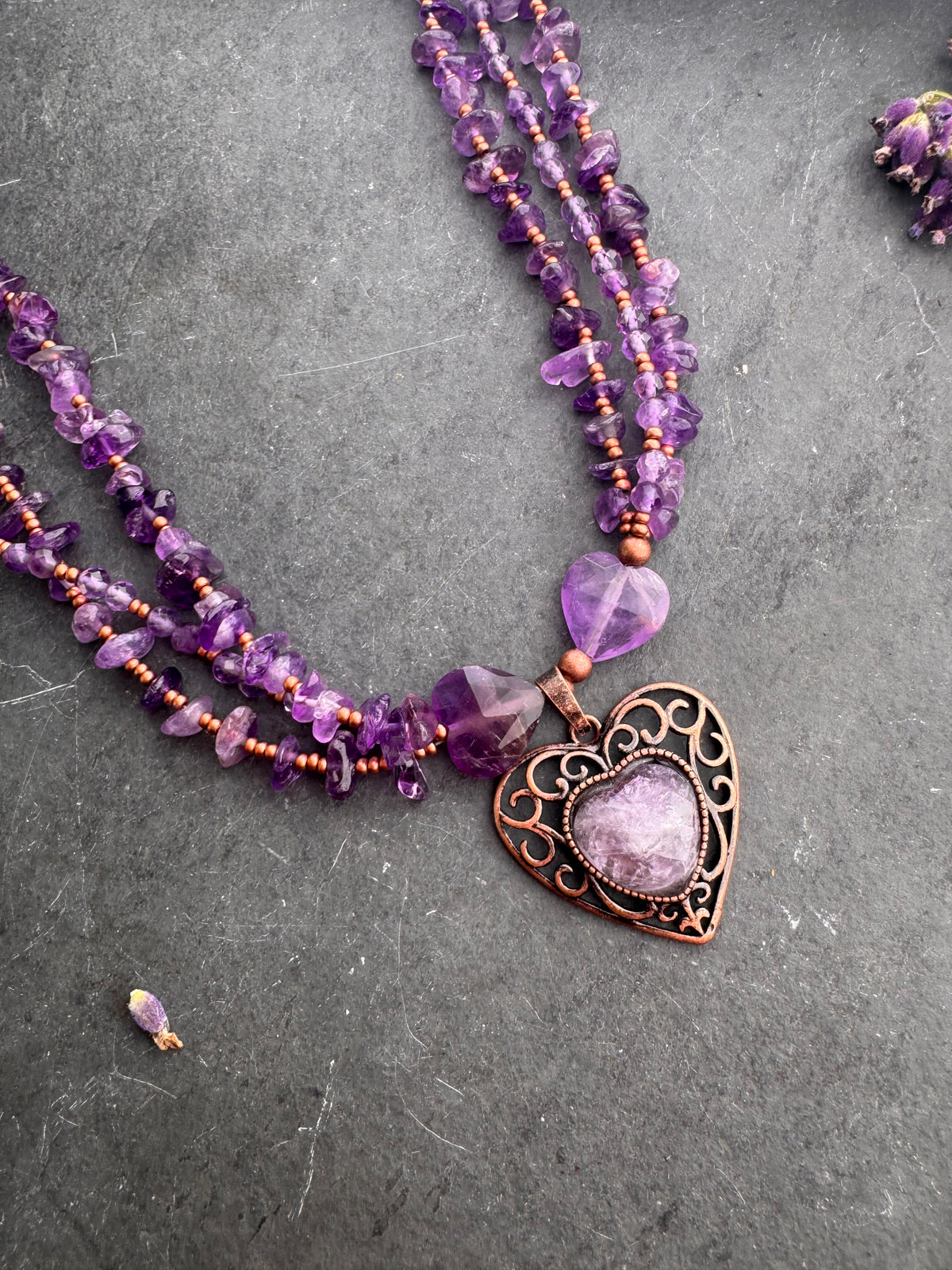 Hearts. Amethyst gemstone, copper metal, necklace