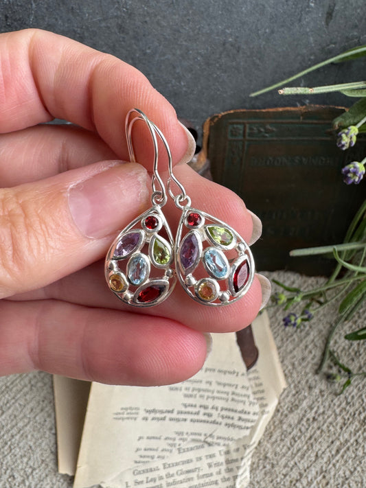 Sterling silver earrings. Garnet, amethyst, peridot, aquamarine stone mix.
