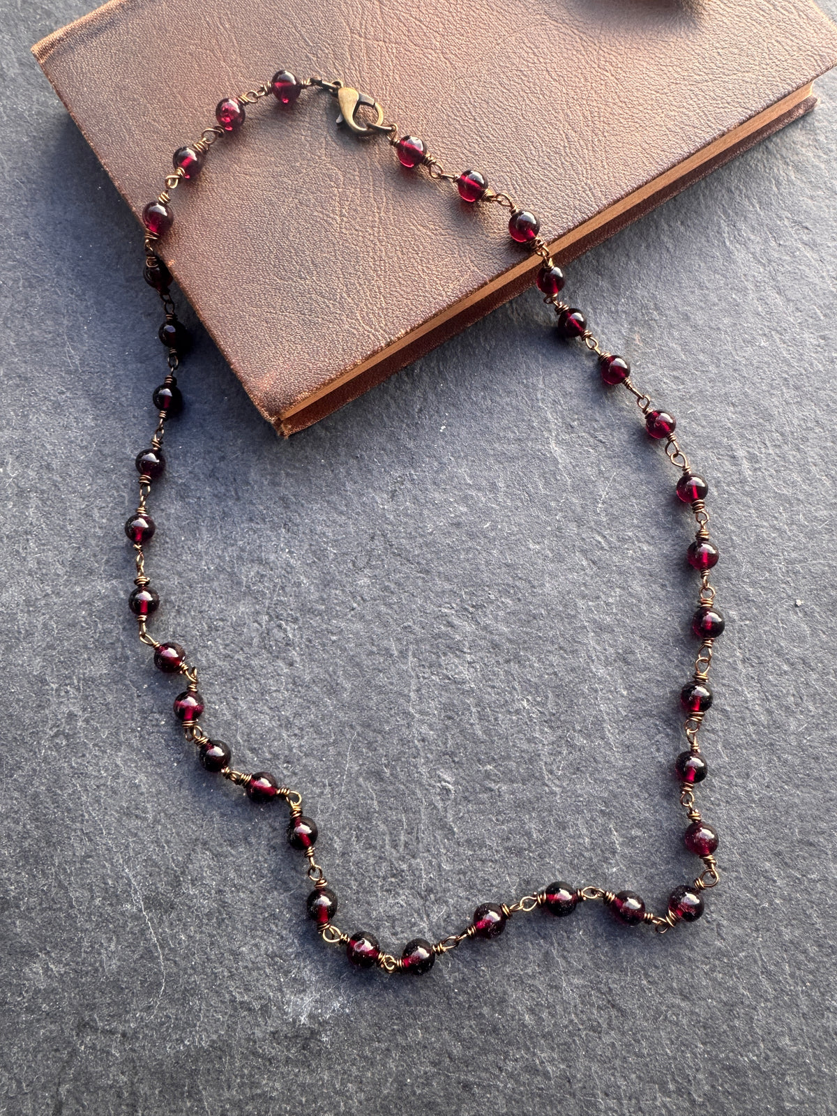 Garnet wire wrapped chain, antique brass metal, necklace, earrings, and bracelet set ￼