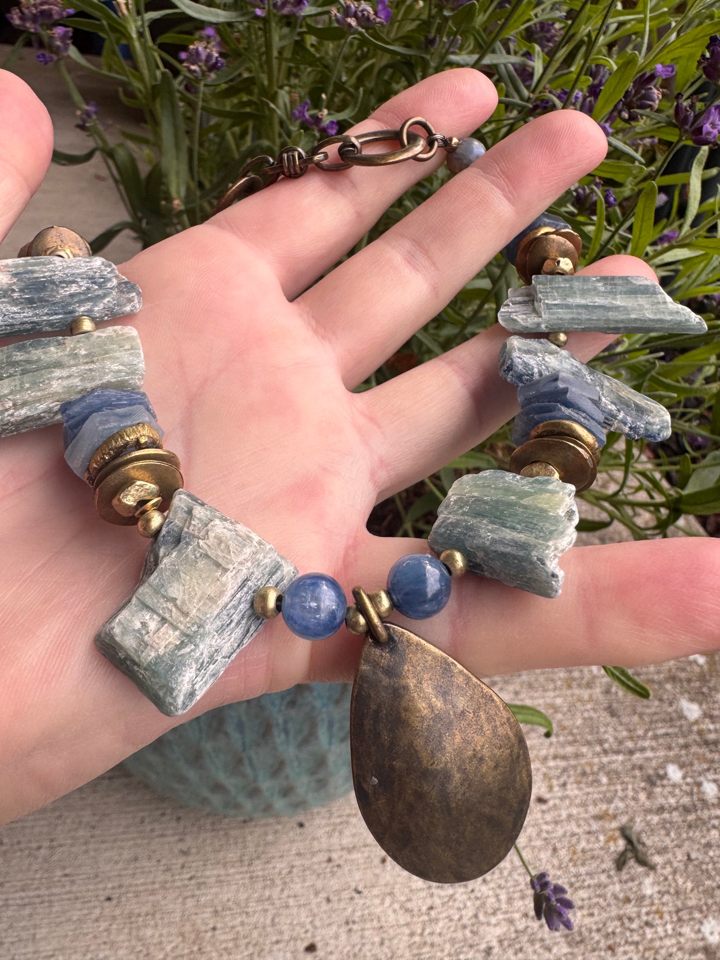 Blue kyanite gemstone, African brass, bronze metal, necklace