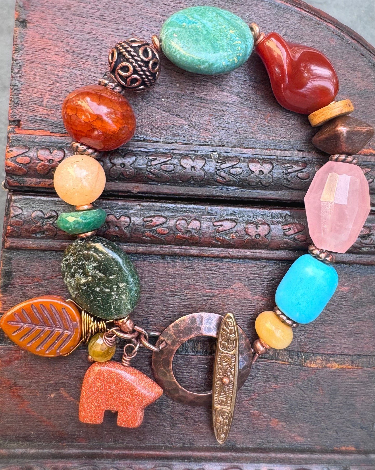 Turquoise, carnelian, agate, emerald, rose, quartz, mixed stone, copper bracelet