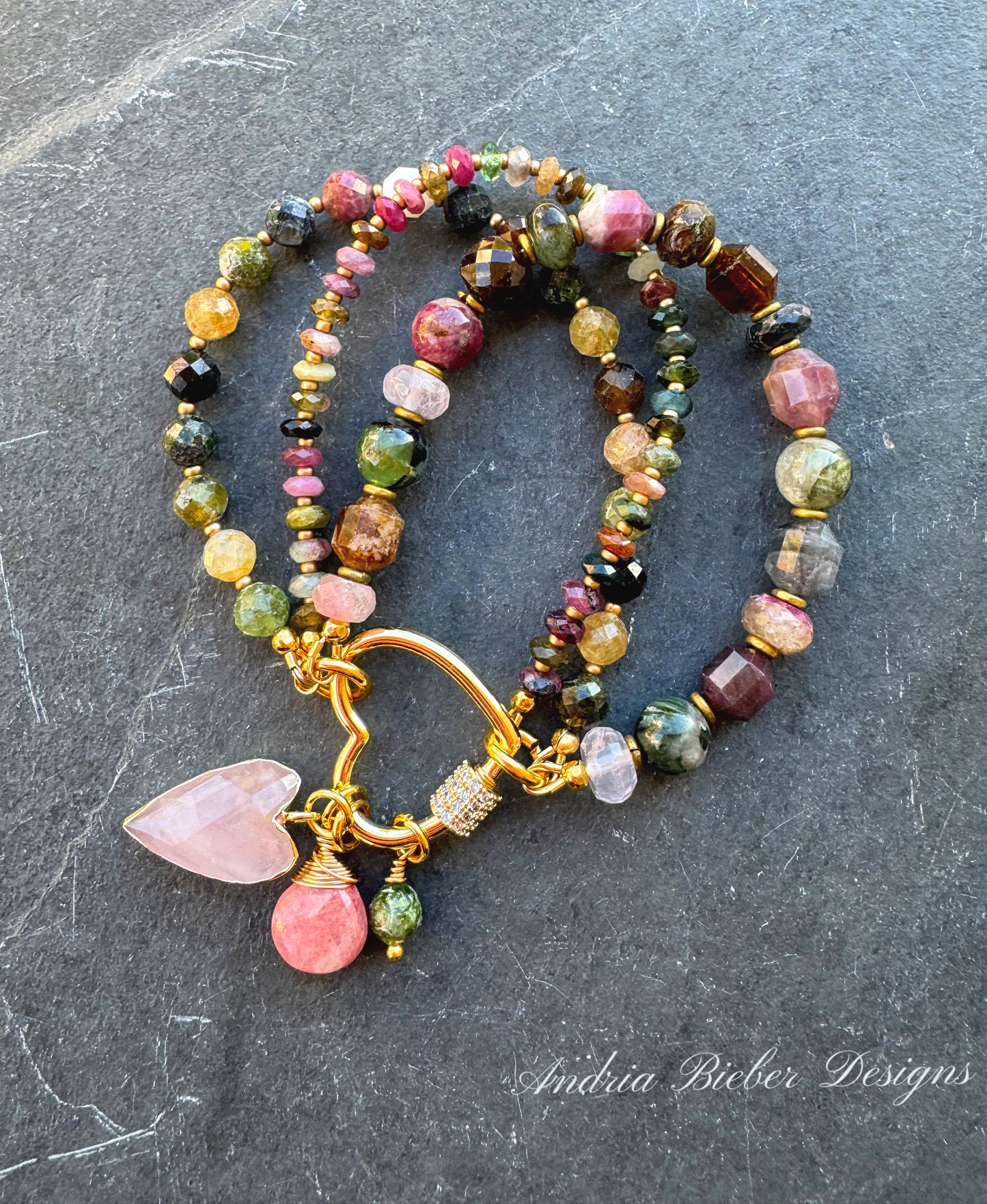 Watermelon tourmaline stone, rose quartz, strawberry quartz, gold metal, bracelet. Heart twist clasp. MTO