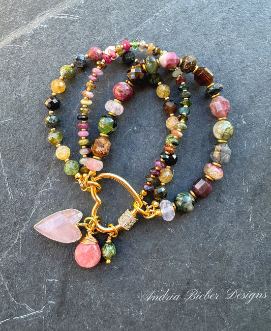 Watermelon tourmaline stone, rose quartz, strawberry quartz, gold metal, bracelet. Heart twist clasp. MTO
