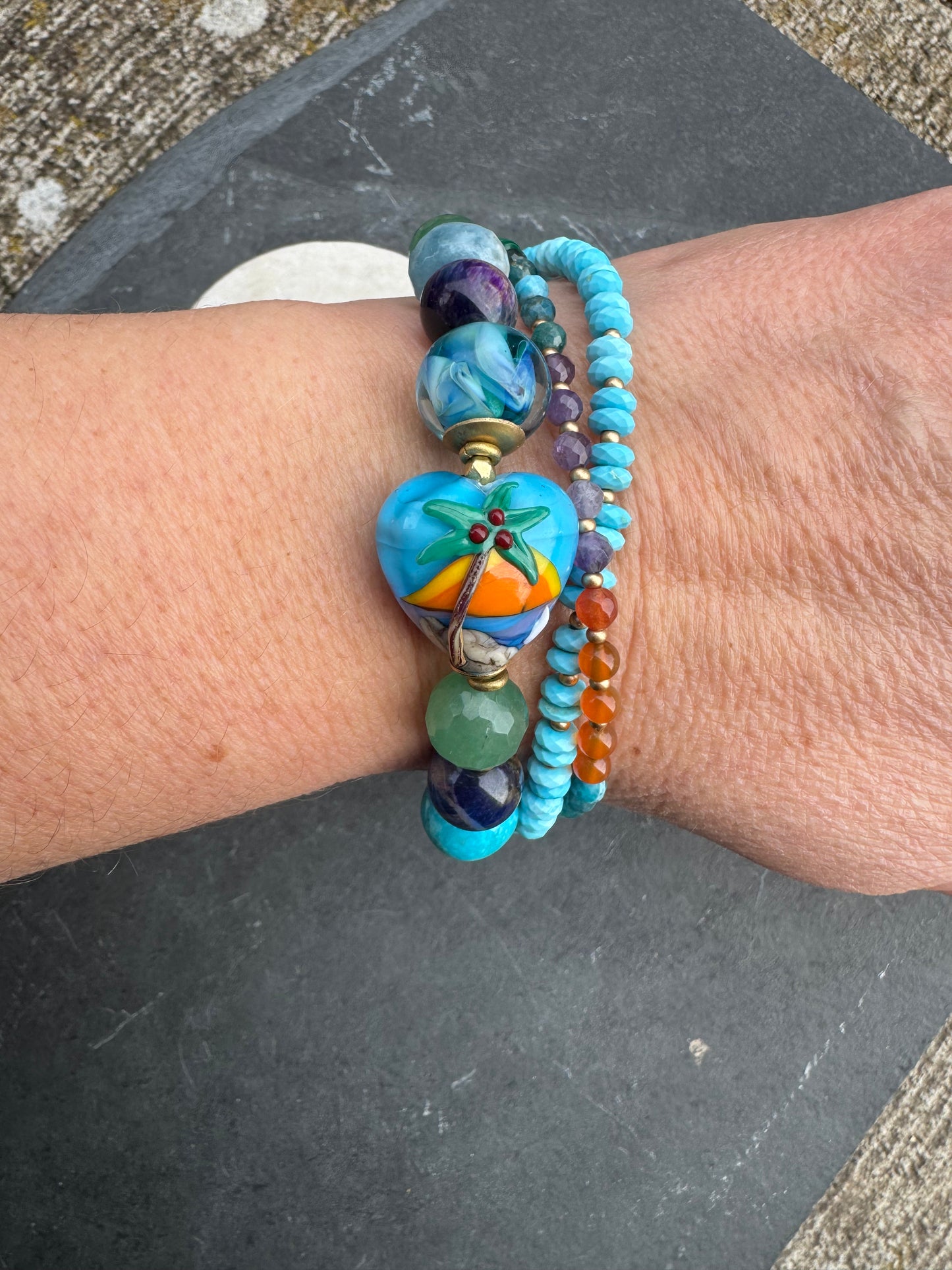 Beach. Mixed gemstone, lampwork glass, bronze metal.