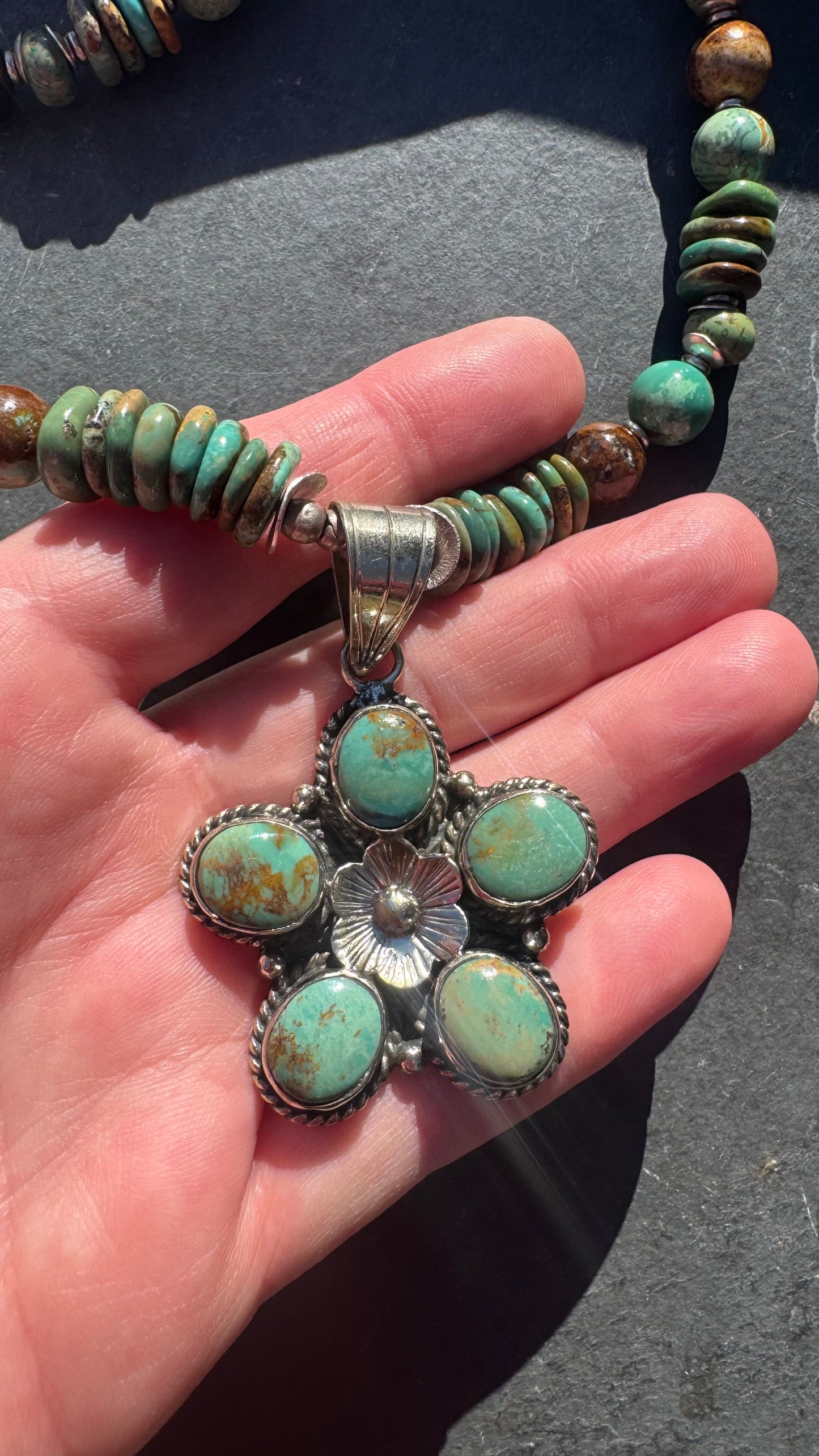 Hubei turquoise, Czech glass, African silver, and large Hubei turquoise flower pendant.