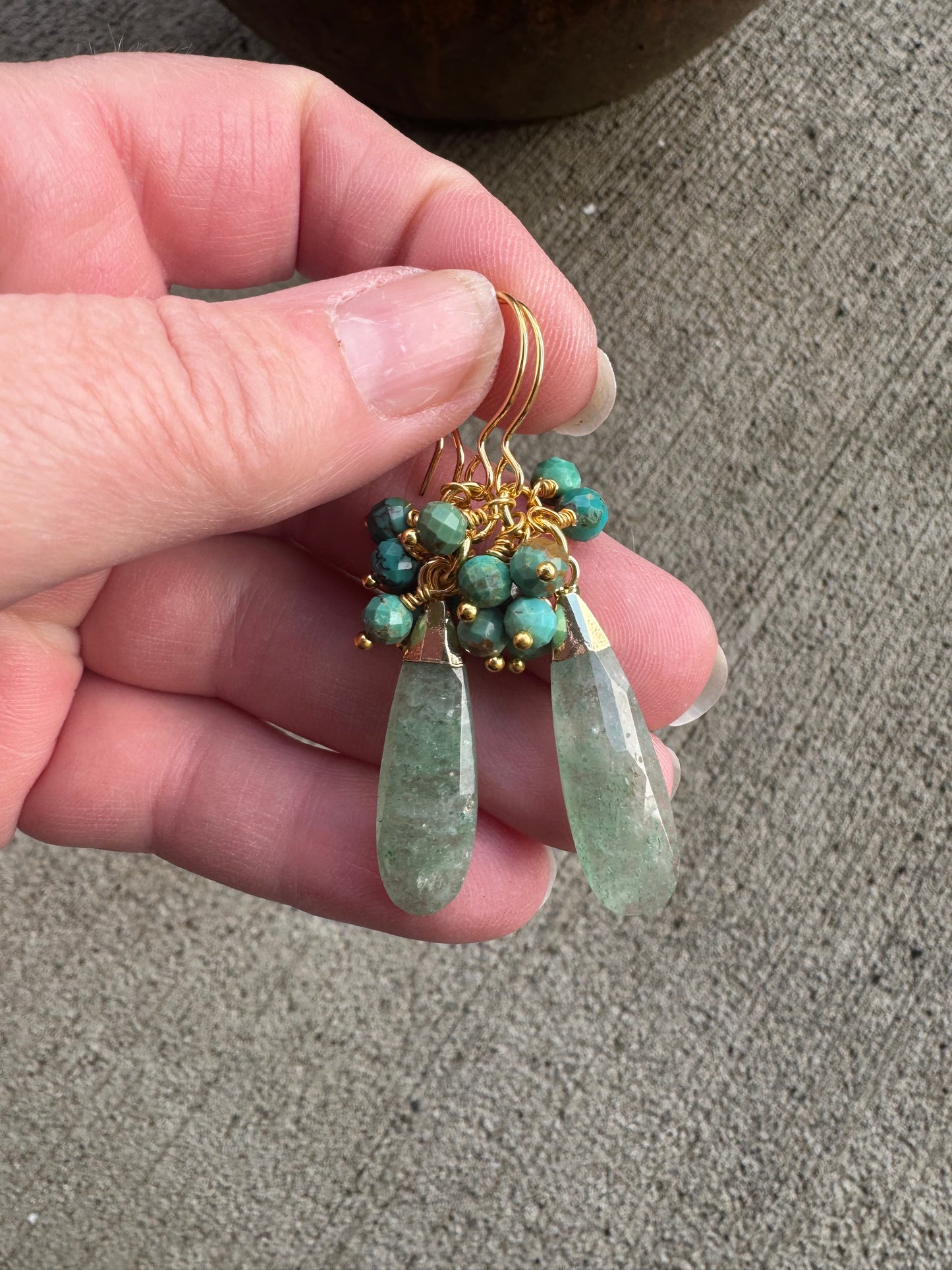Turquoise, aventurine stone, gold metal, earrings
