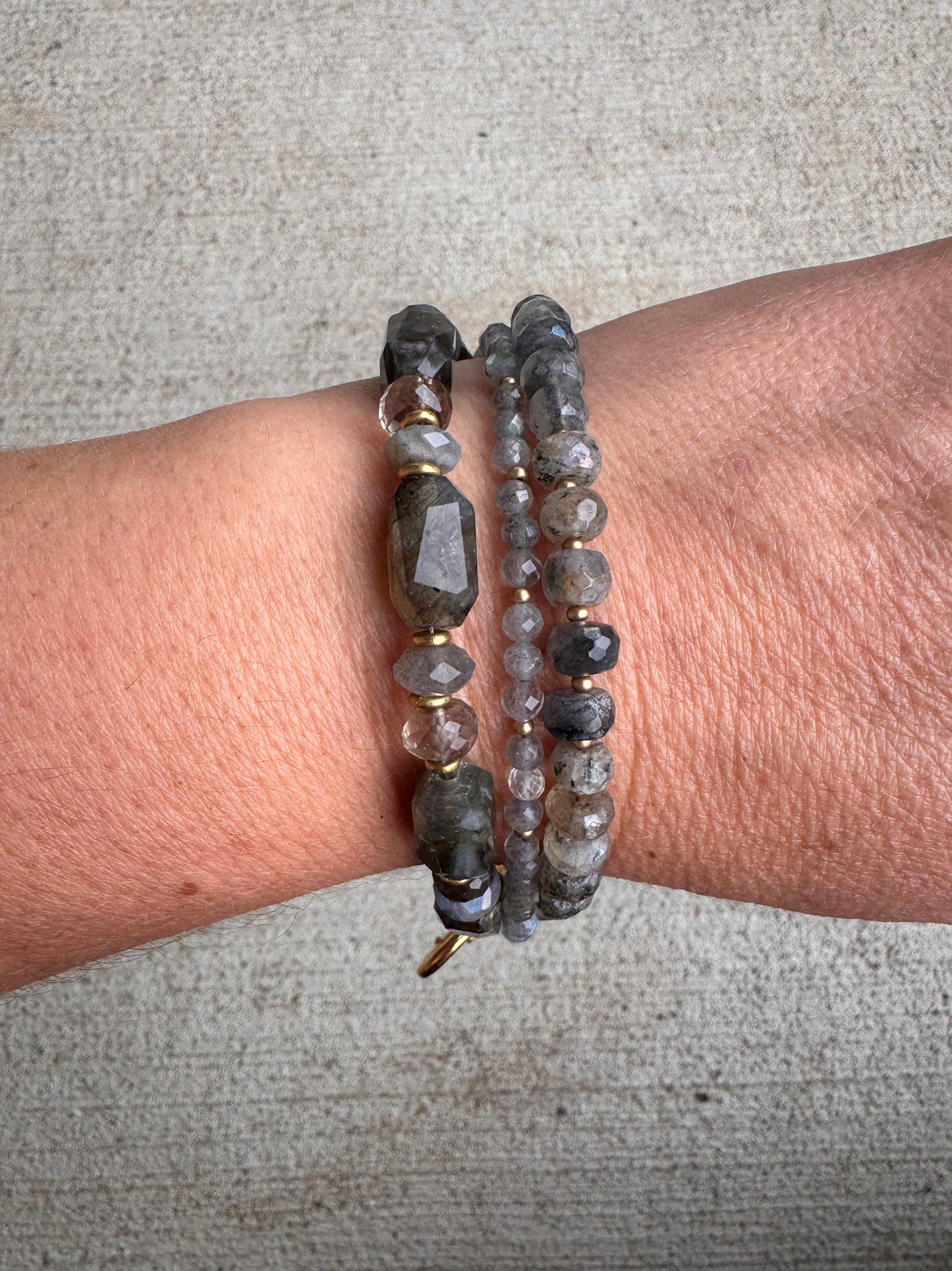 Labradorite faceted stone, rhinestone heart clasp, multi strand, charm, bracelet.
