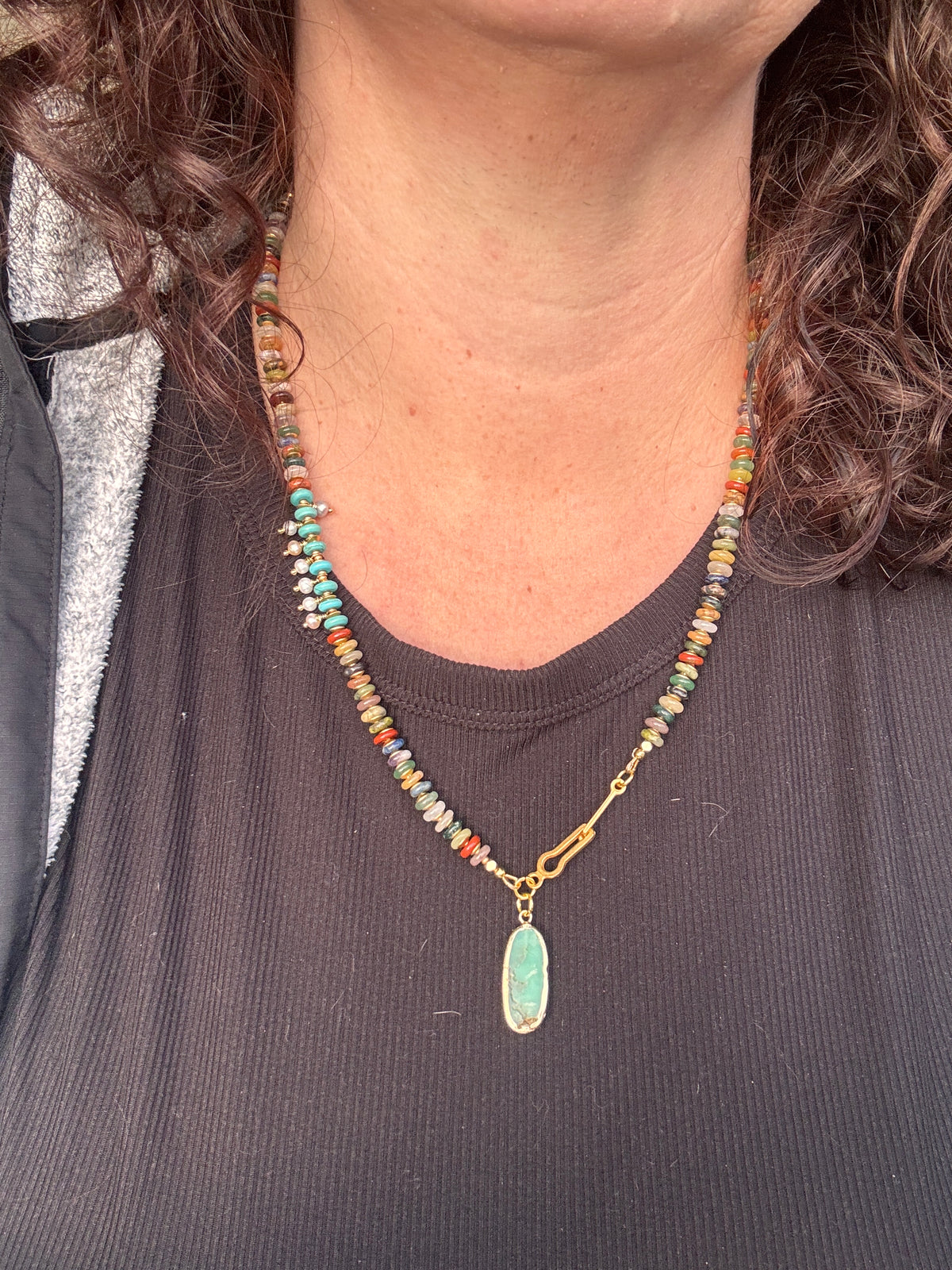 Mixed gemstone rondelle, turquoise, pearl, amethyst stone pendant, chrysoprase stone drop, necklace