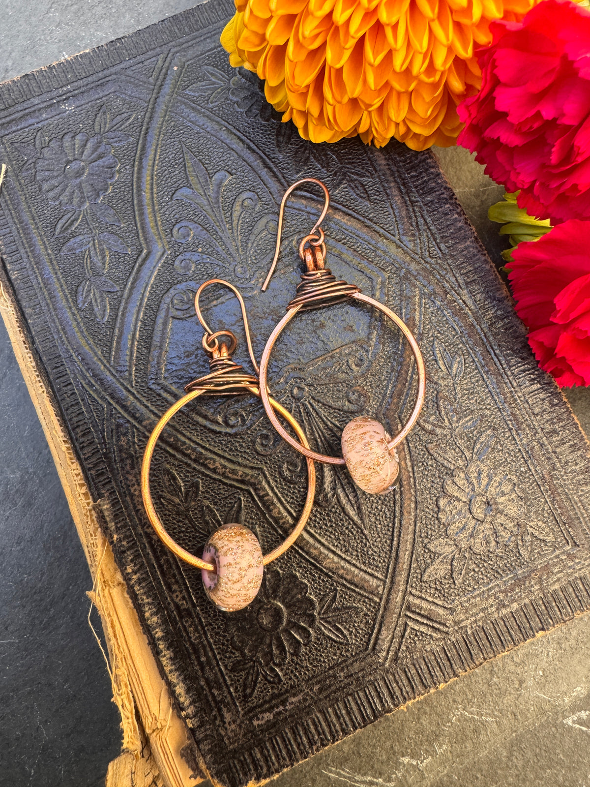 Handmade purple and copper sparkle lampwork glass, and copper metal hoop earrings