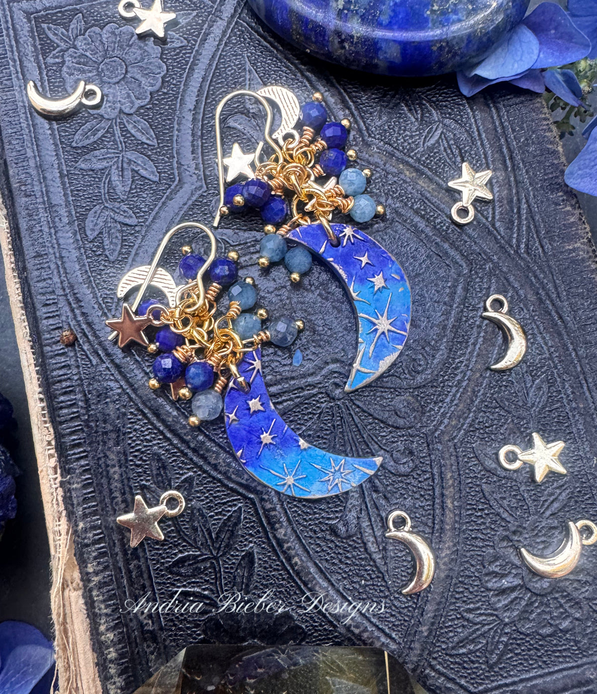 Lapis stone, aquamarine stone, ￼bronze and gold metal, blue moon earrings