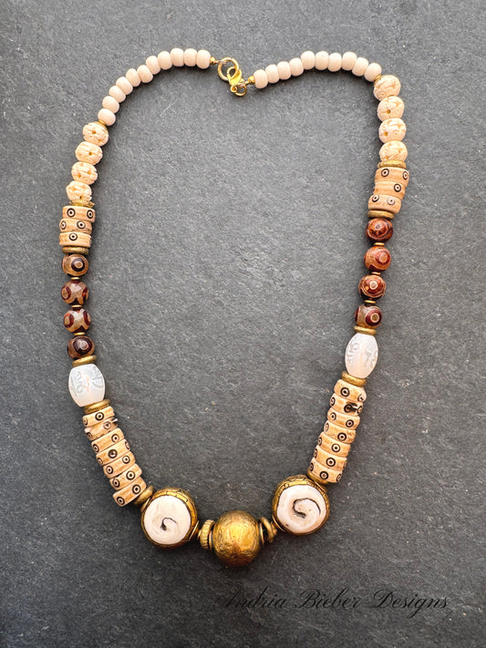 Java glass, African brass, dzi agate, bone, necklace