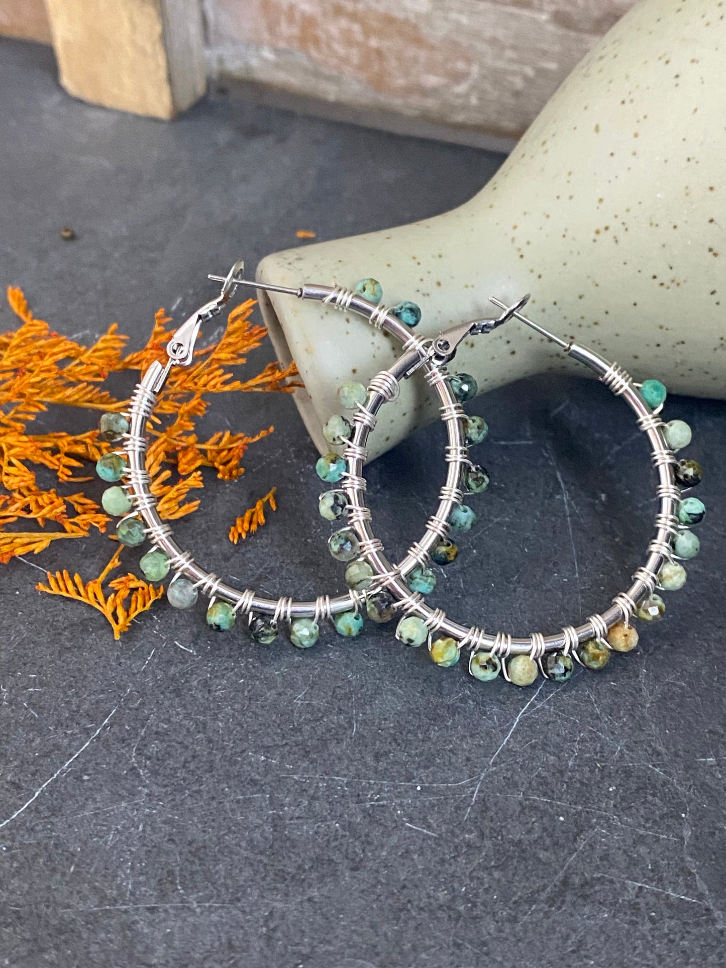 Green turquoise stone, wire wrapped silver hoop earrings, jewelry (Copy)