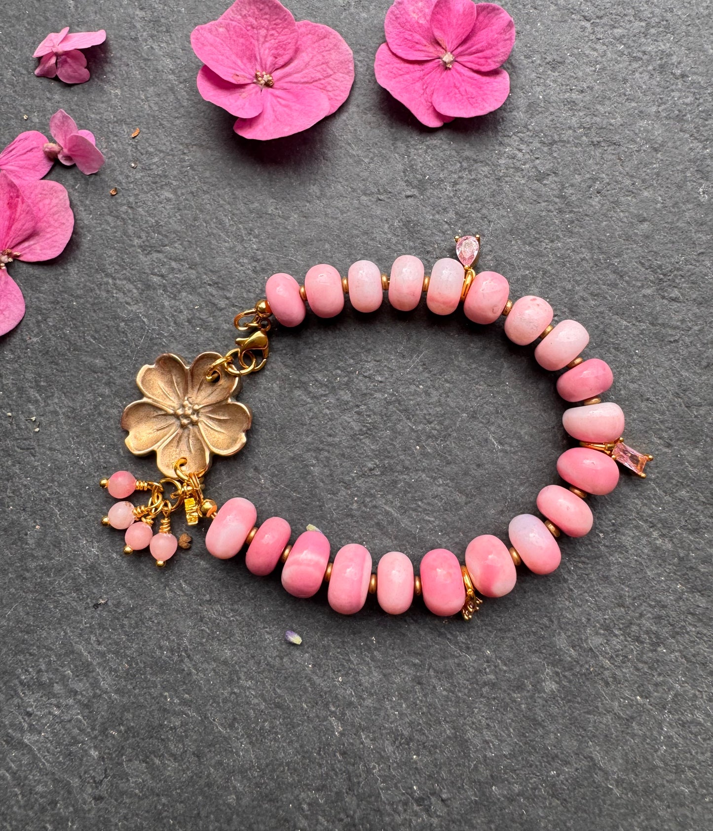 Pink opal, pink crystal and flower clasp bracelet